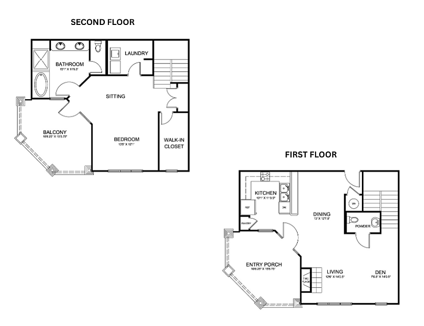Chic two-story floor plan with spacious living room, kitchen, and dining area on the first floor, and a private bedroom with balcony access on the second floor.