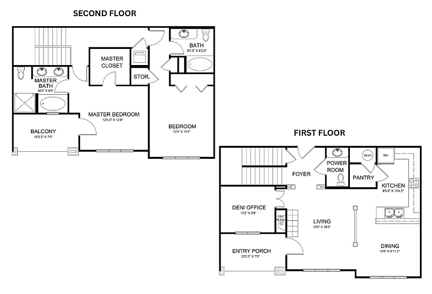 Charming duplex floor plan with 2 bedrooms, a master suite, and balcony on the second floor, complemented by a spacious living area, kitchen, and dining room on the first floor.