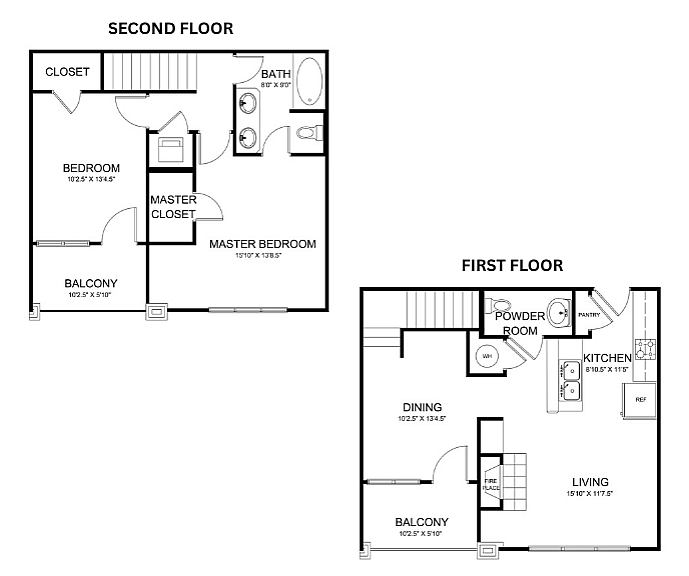Elegant two-floor apartment layout with 2 bedrooms, spacious living and dining area, modern kitchen, and private balconies.