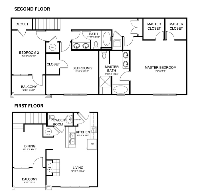 Elegant two-story floor plan featuring 3 bedrooms, a master suite, open dining and living areas, and dual balconies for a stylish and spacious home layout.
