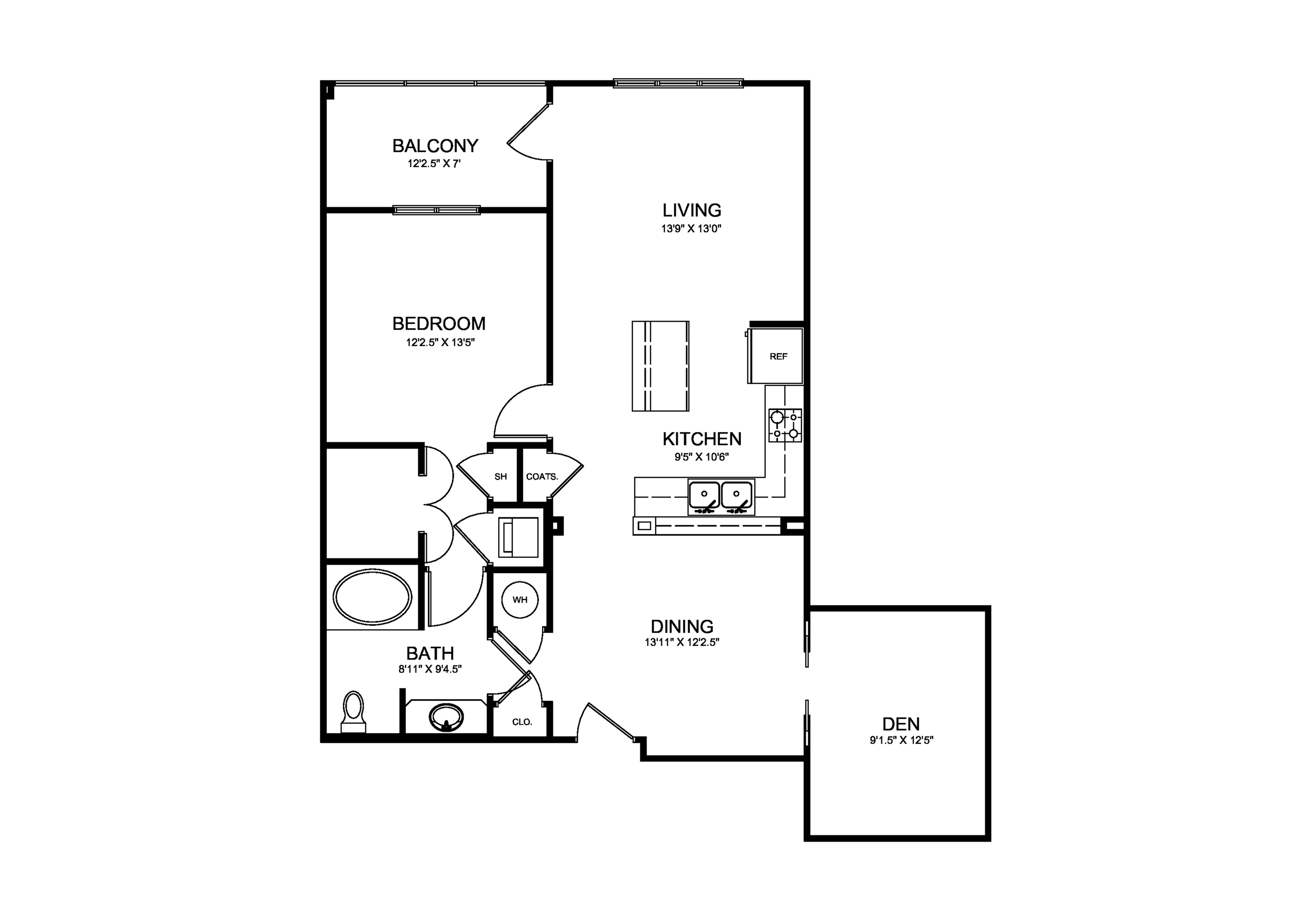 Modern floor plan featuring a spacious bedroom with access to a private balcony, stylish living area, and open kitchen. Includes a cozy den and a well-appointed bathroom, perfect for comfortable living.