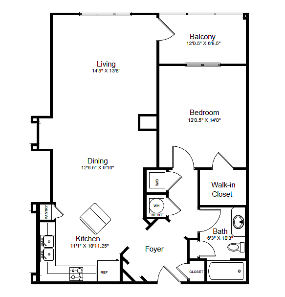 Modern floor plan with spacious living room, open kitchen, dining area, large bedroom, walk-in closet, balcony, and bathroom.