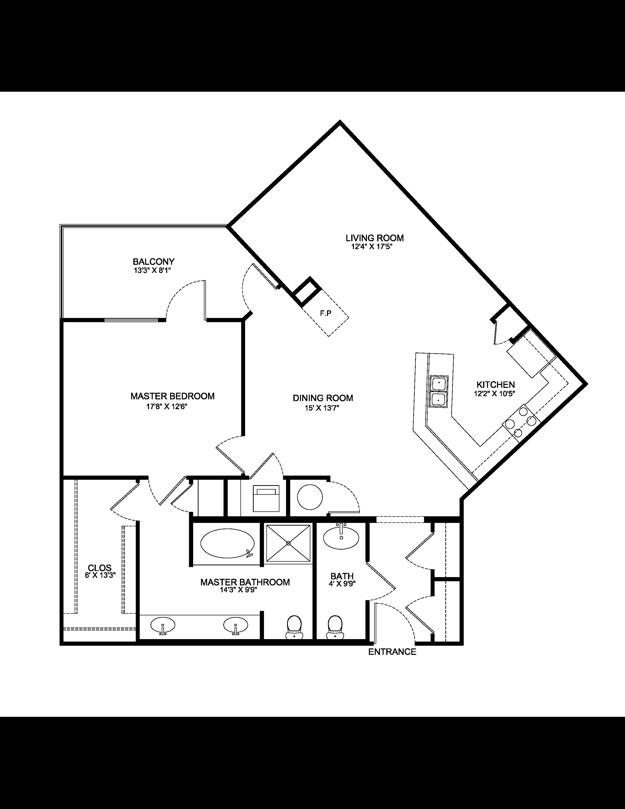 Inviting floor plan featuring a spacious master bedroom with balcony, modern kitchen, expansive living room, and elegant dining area.