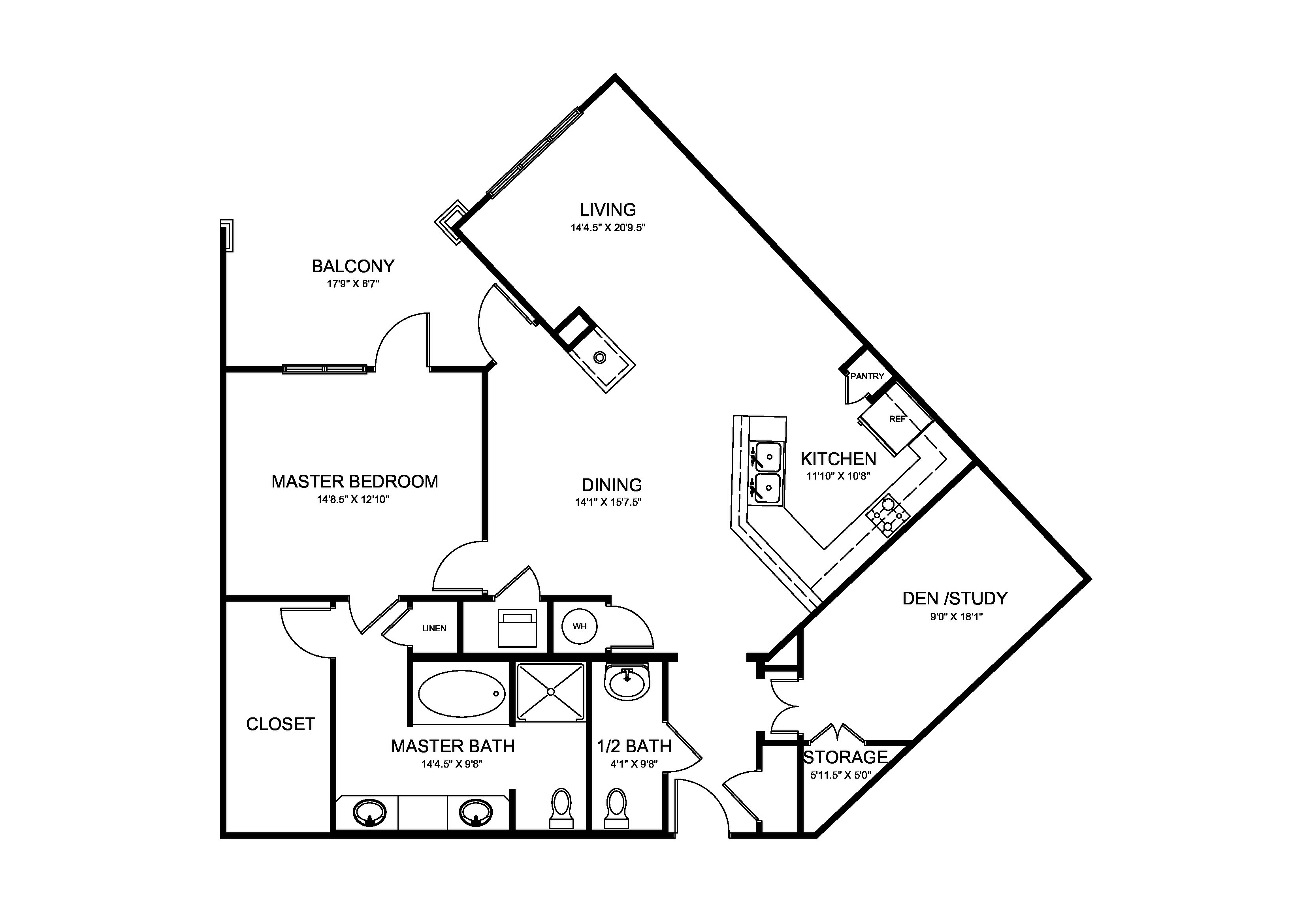Elegant floor plan featuring a spacious master bedroom with balcony, open living and dining area, modern kitchen with pantry, and a versatile den/study.
