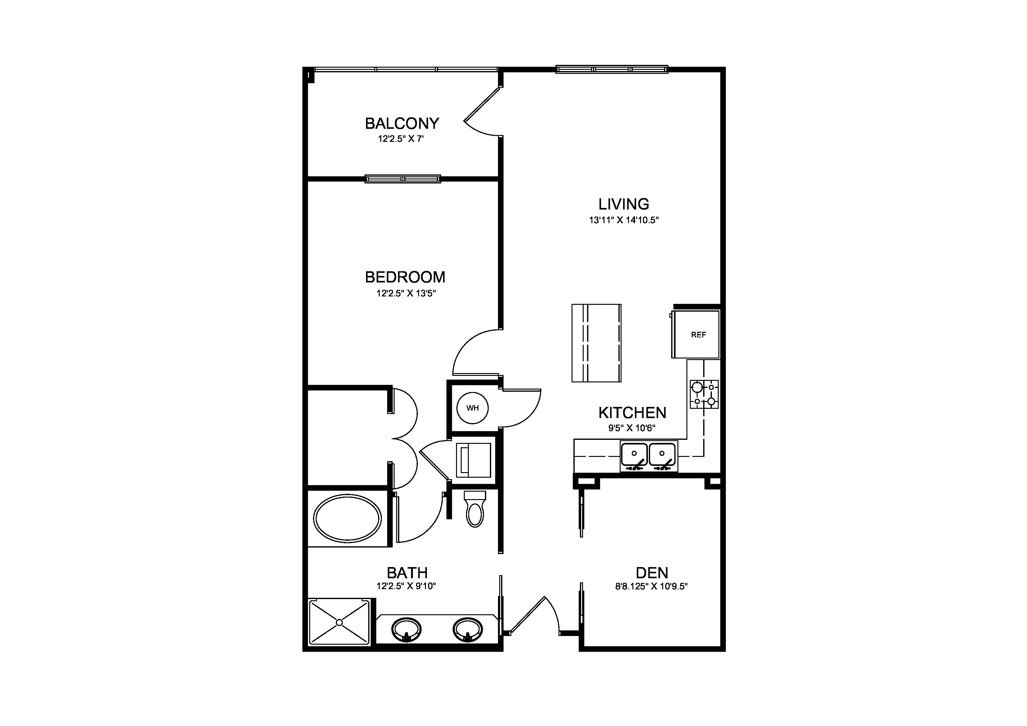 Modern floor plan showcasing a spacious bedroom, open living area, stylish kitchen, cozy den, and inviting balcony.