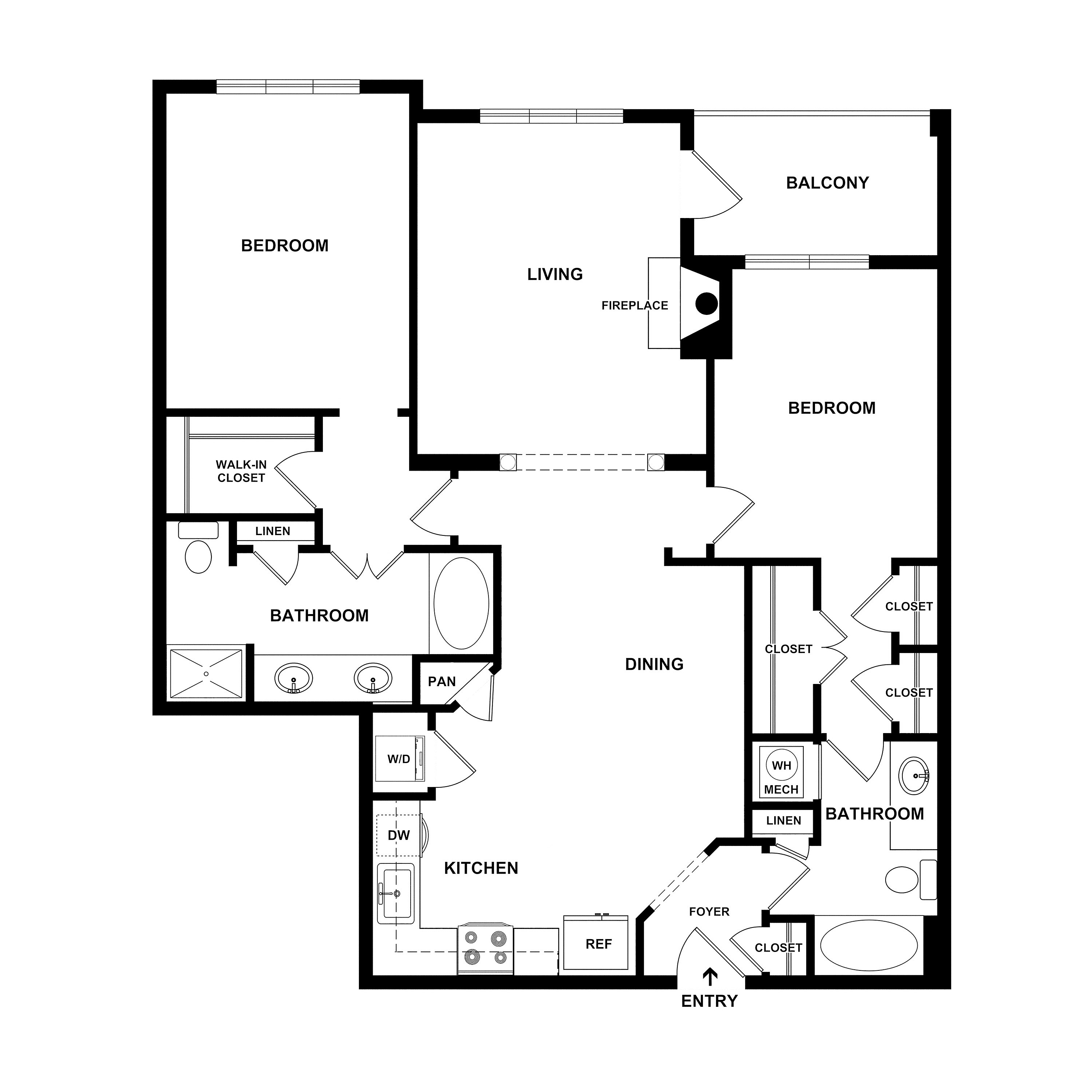 Contemporary floor plan displaying 2 bedrooms, spacious living room with fireplace, modern kitchen, and two bathrooms. Includes a dining area, balcony, and ample closet space.