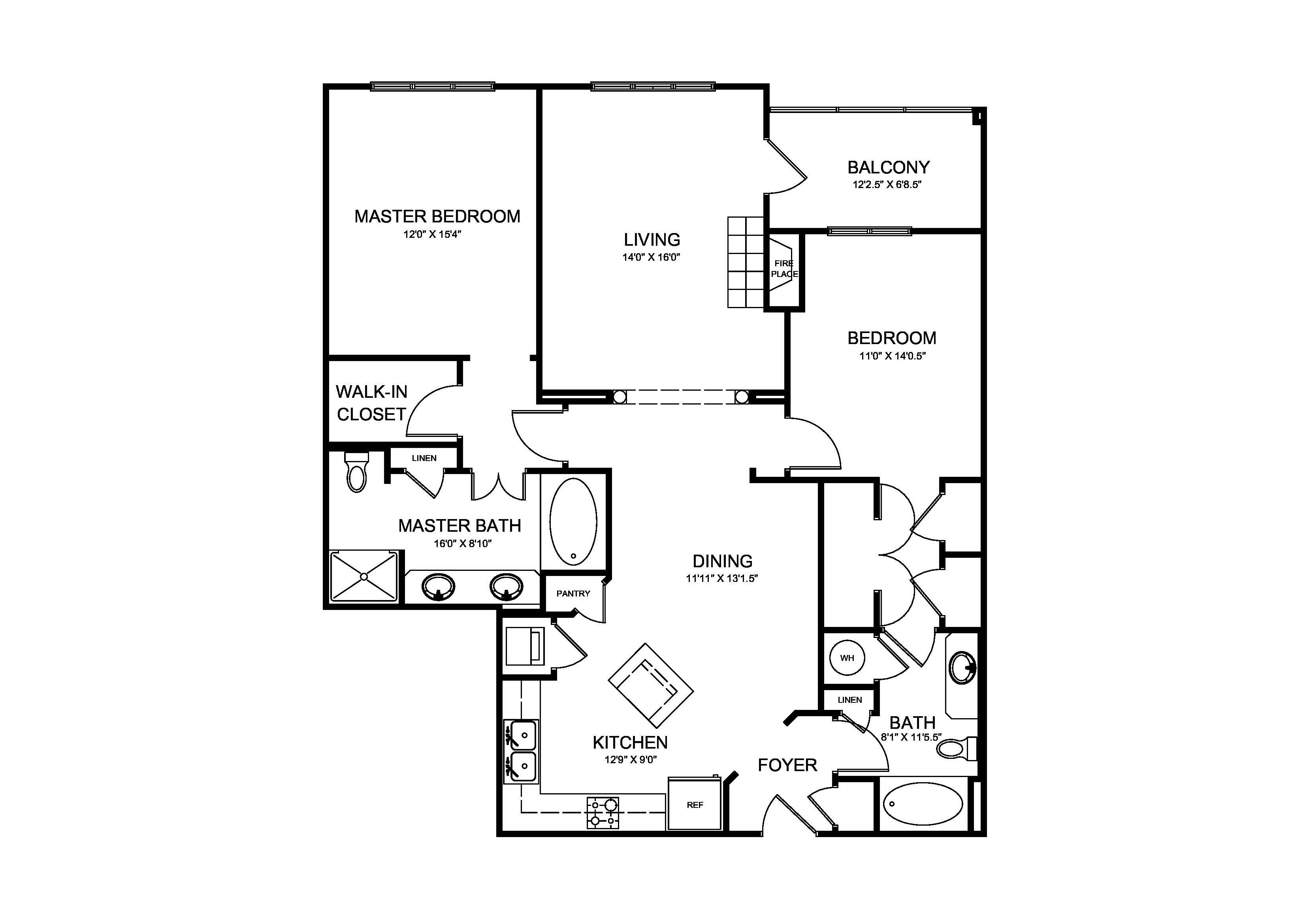 Elegant floor plan featuring a spacious master bedroom with ensuite, additional bedroom, open living and dining area, modern kitchen with island, and private balcony.