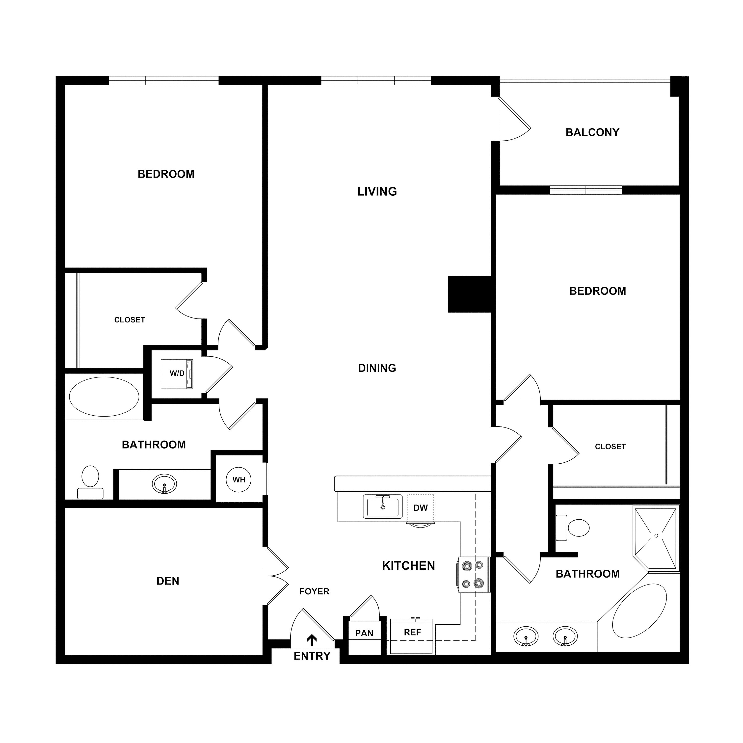 Modern floor plan showcasing 2 bedrooms, 2 bathrooms, a spacious living and dining area, kitchen with pantry, and a den, complete with balcony access.