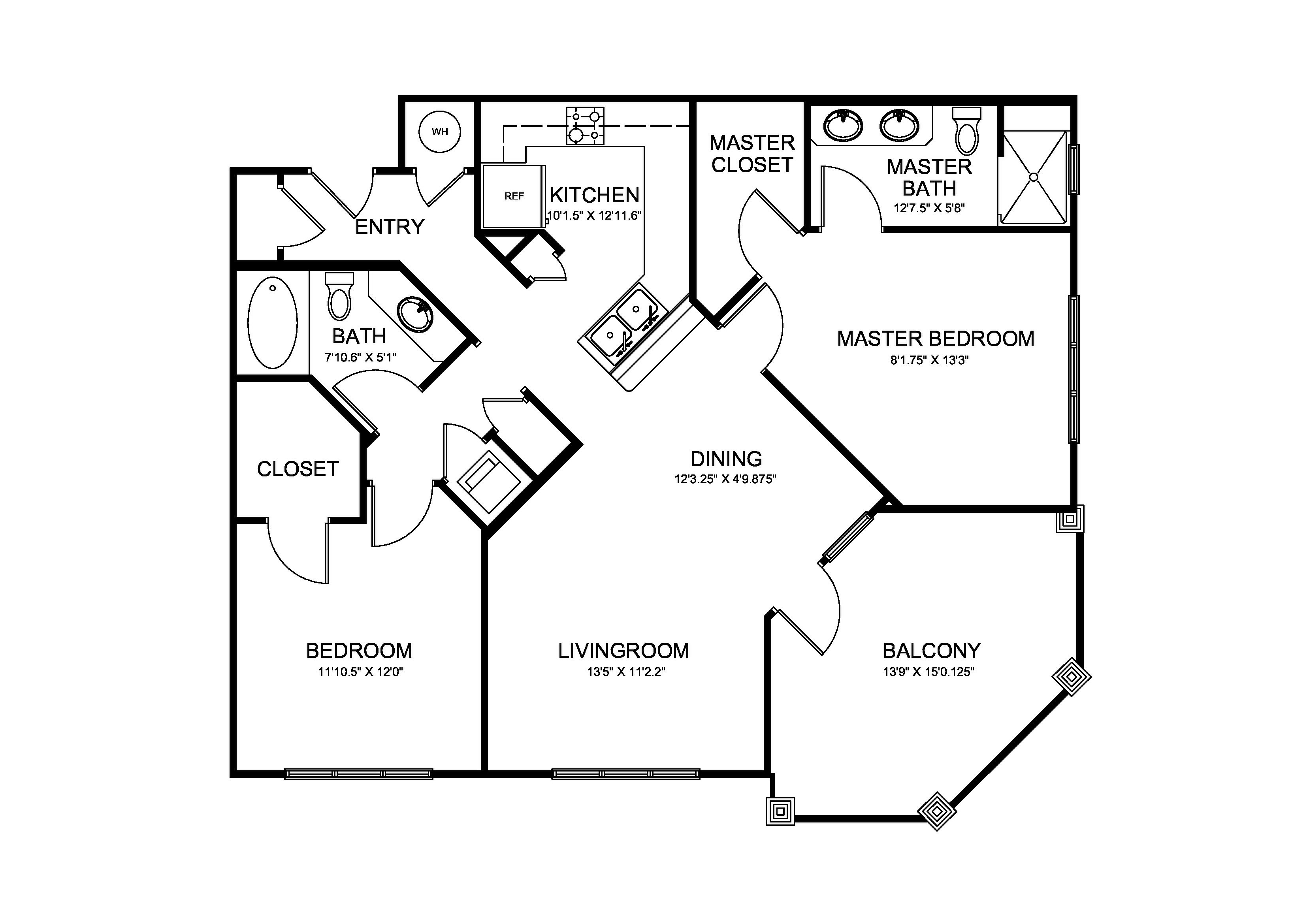 Elegant floor plan featuring 2 bedrooms, spacious living and dining areas, gourmet kitchen, and relaxing balcony.