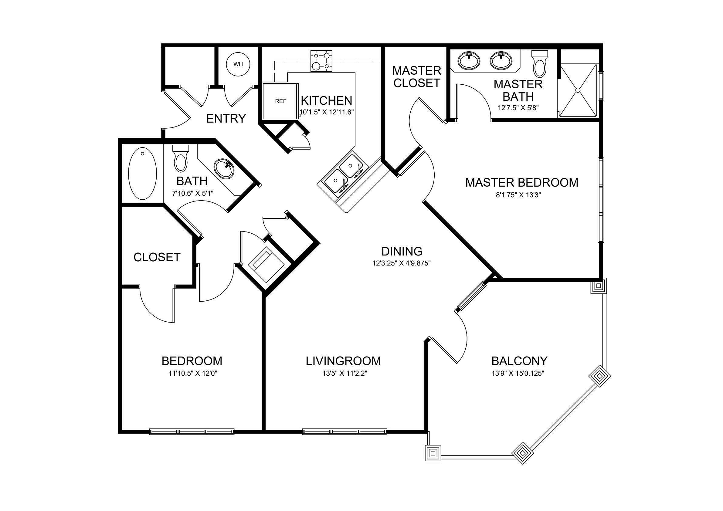 Inviting floor plan showcasing 2 bedrooms, a spacious living room, and a cozy kitchen with balcony access.