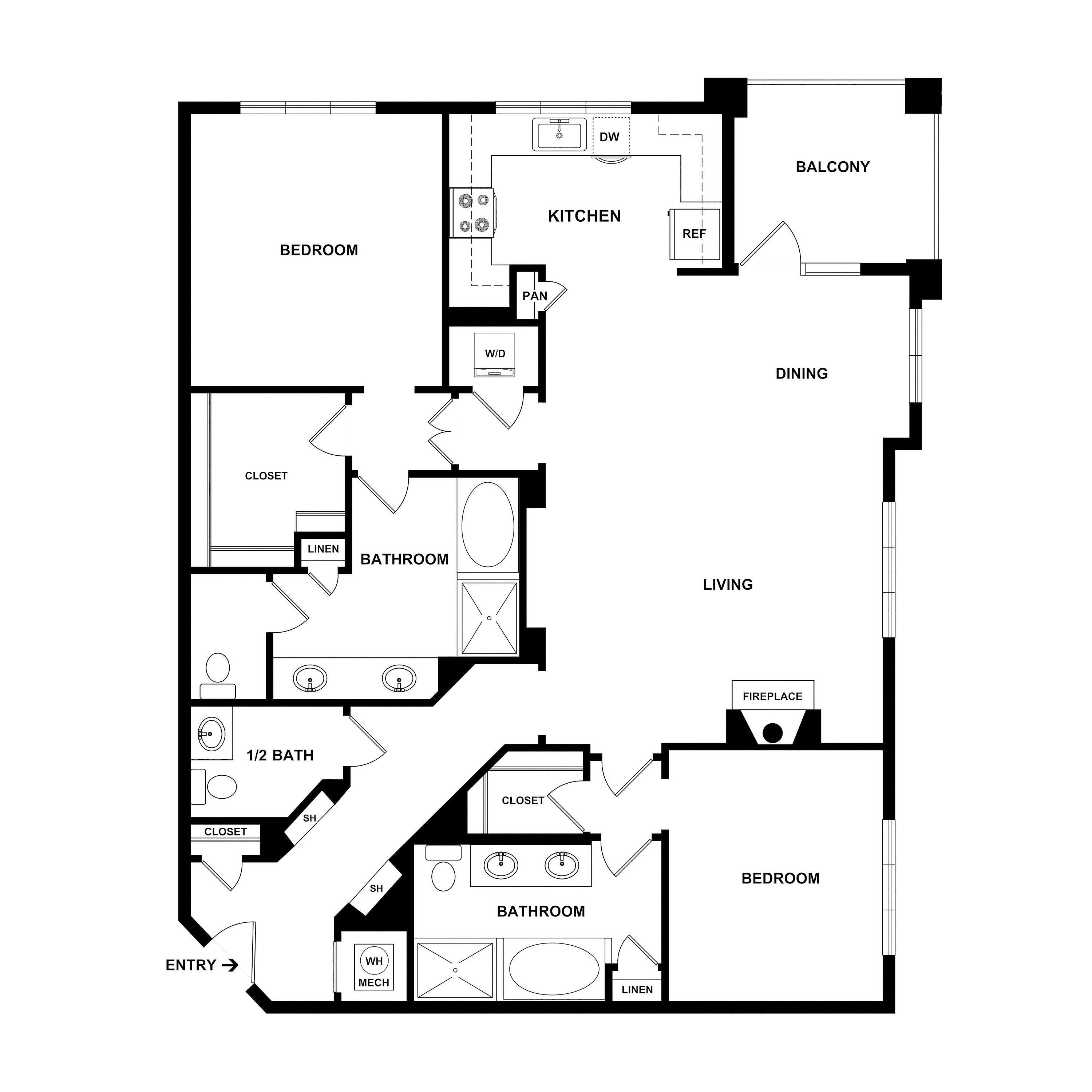 Modern floor plan featuring 2 bedrooms, a spacious living and dining area, open kitchen, and inviting balcony.