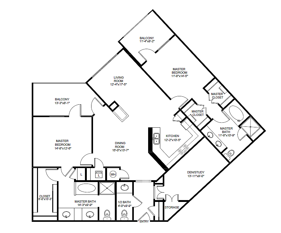 Elegant floor plan featuring 3 spacious bedrooms, a modern kitchen, dining room, living area with two balconies, and ample storage space.