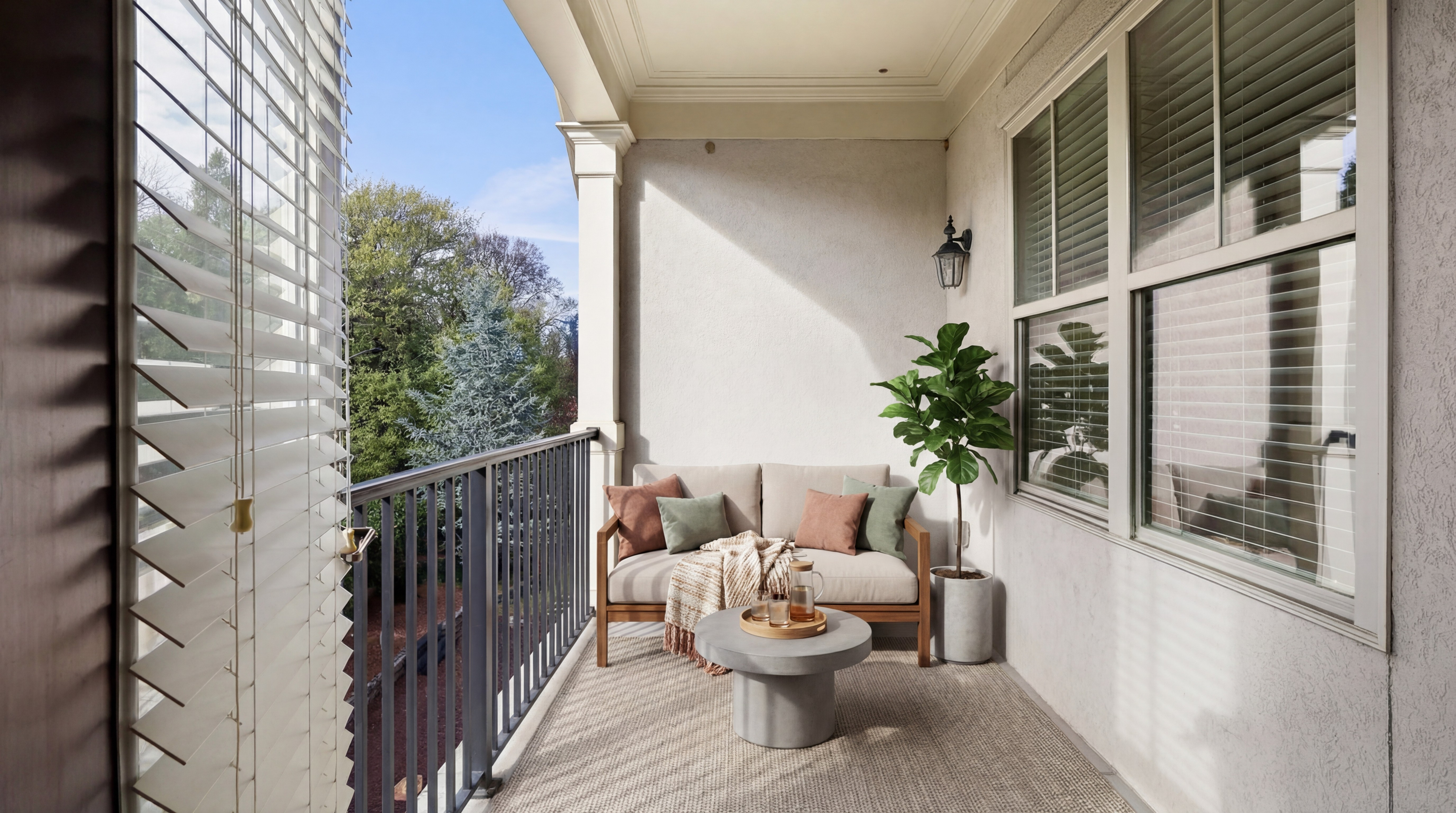 Charming balcony with cozy seating, greenery, and serene view, perfect for relaxation.