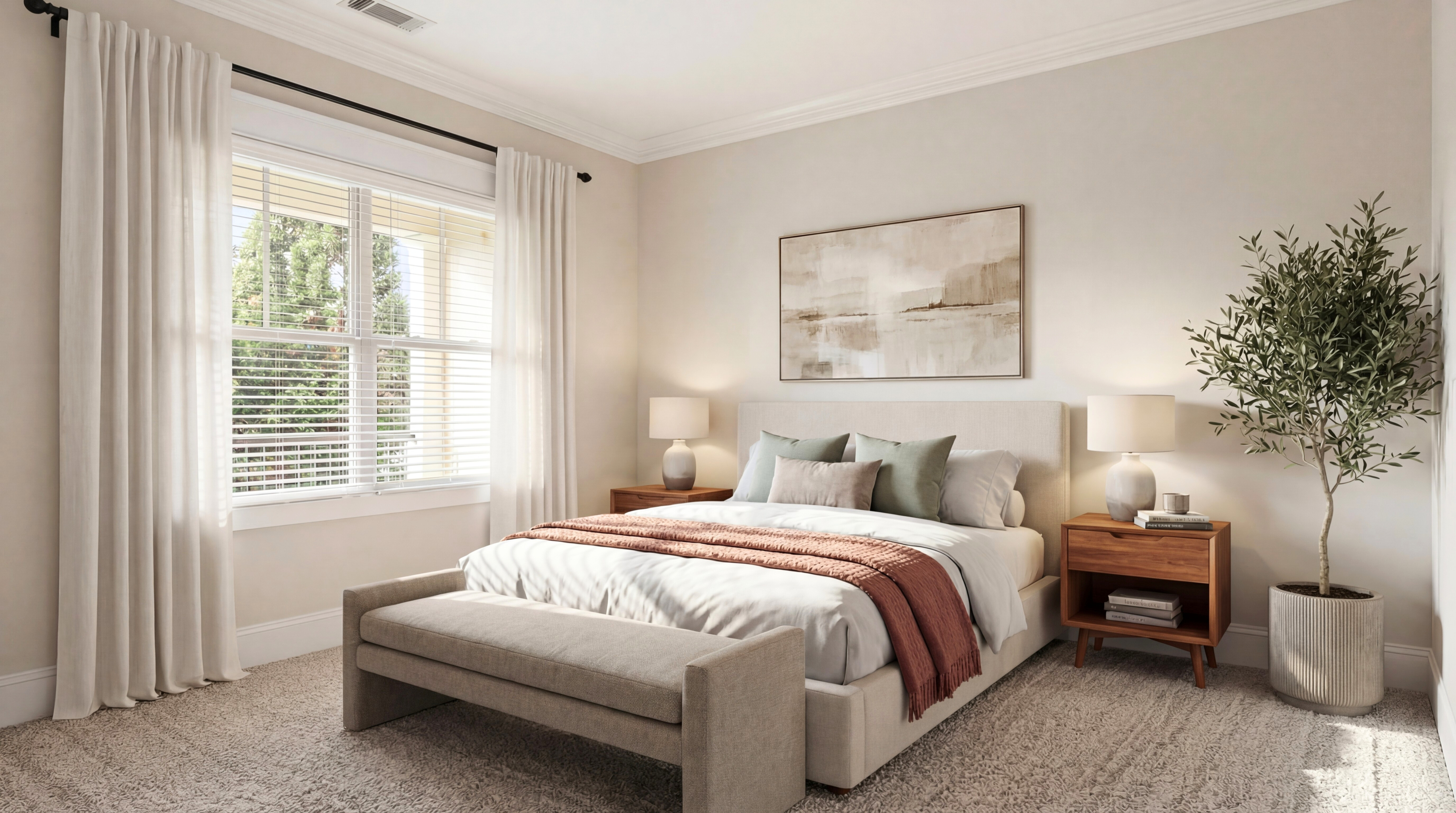 Elegant bedroom with a cozy king-size bed, warm lighting, greenery, and modern wooden furniture, perfect for relaxation.