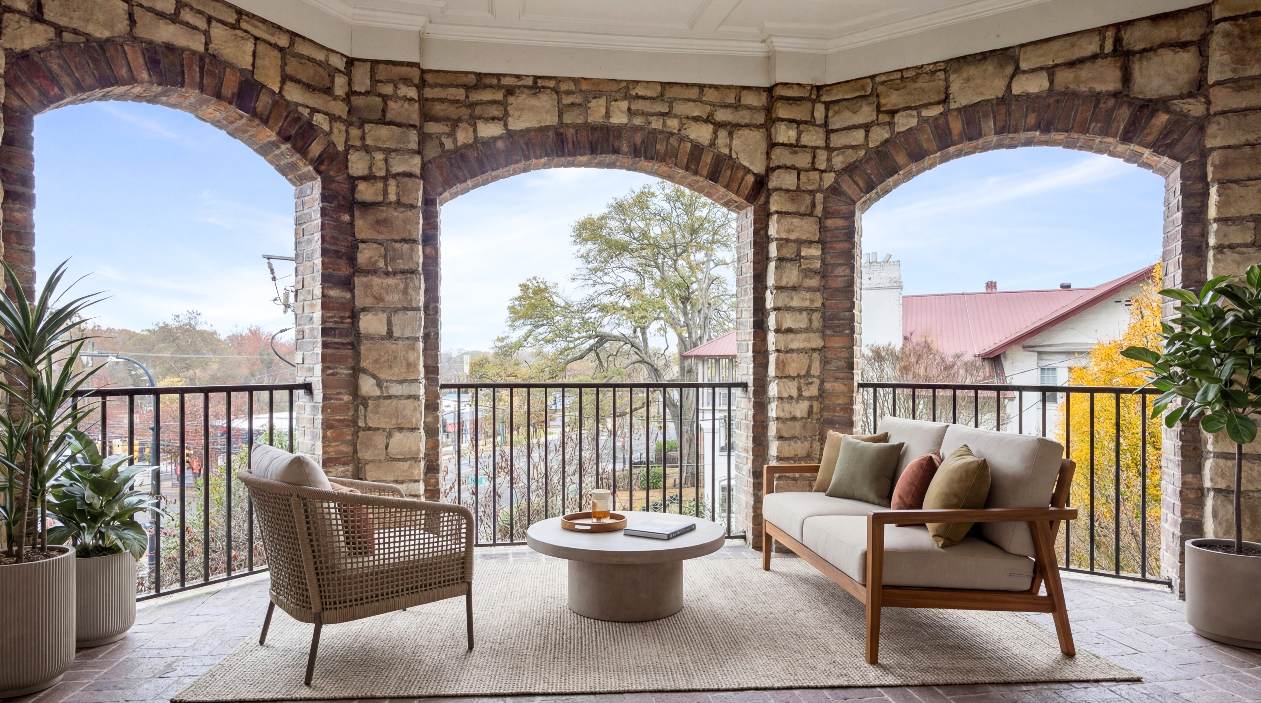 Charming stone-walled balcony with cozy seating and lush greenery, offering a serene view of trees and rooftops.