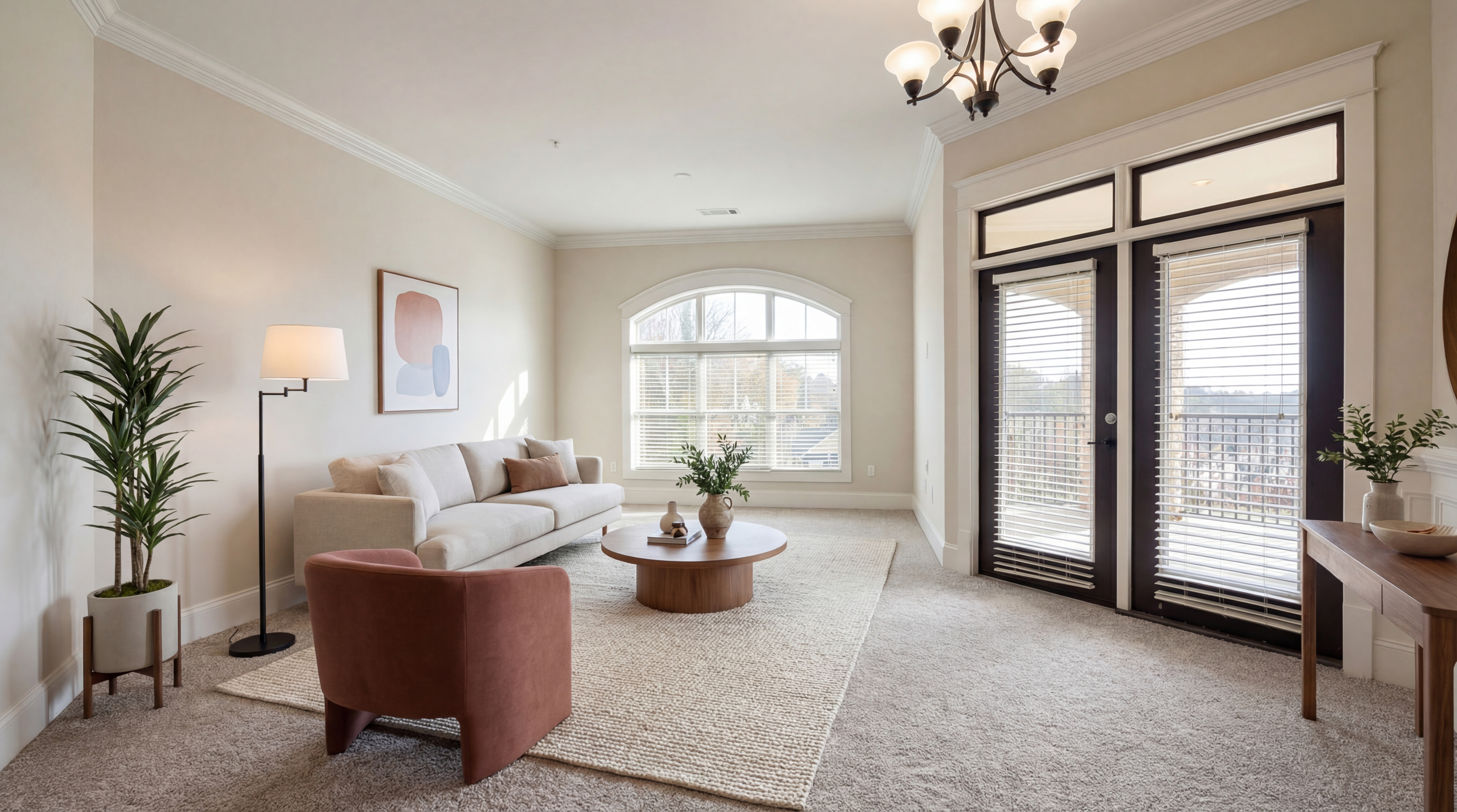Elegant living room with plush carpet, modern furniture, and large windows offering abundant natural light.