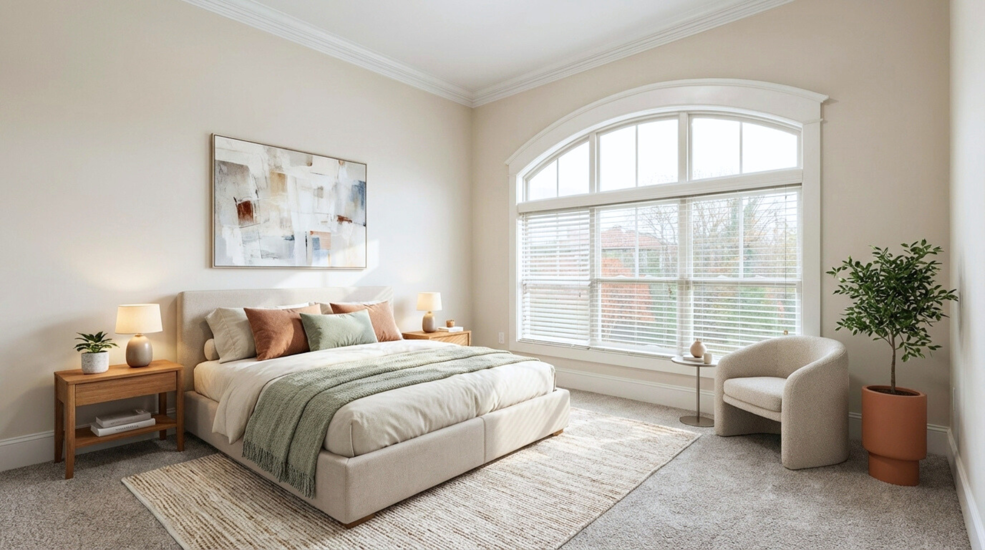 Elegant bedroom with natural light, featuring a large bed, modern decor, cozy chair, and lush potted plant.