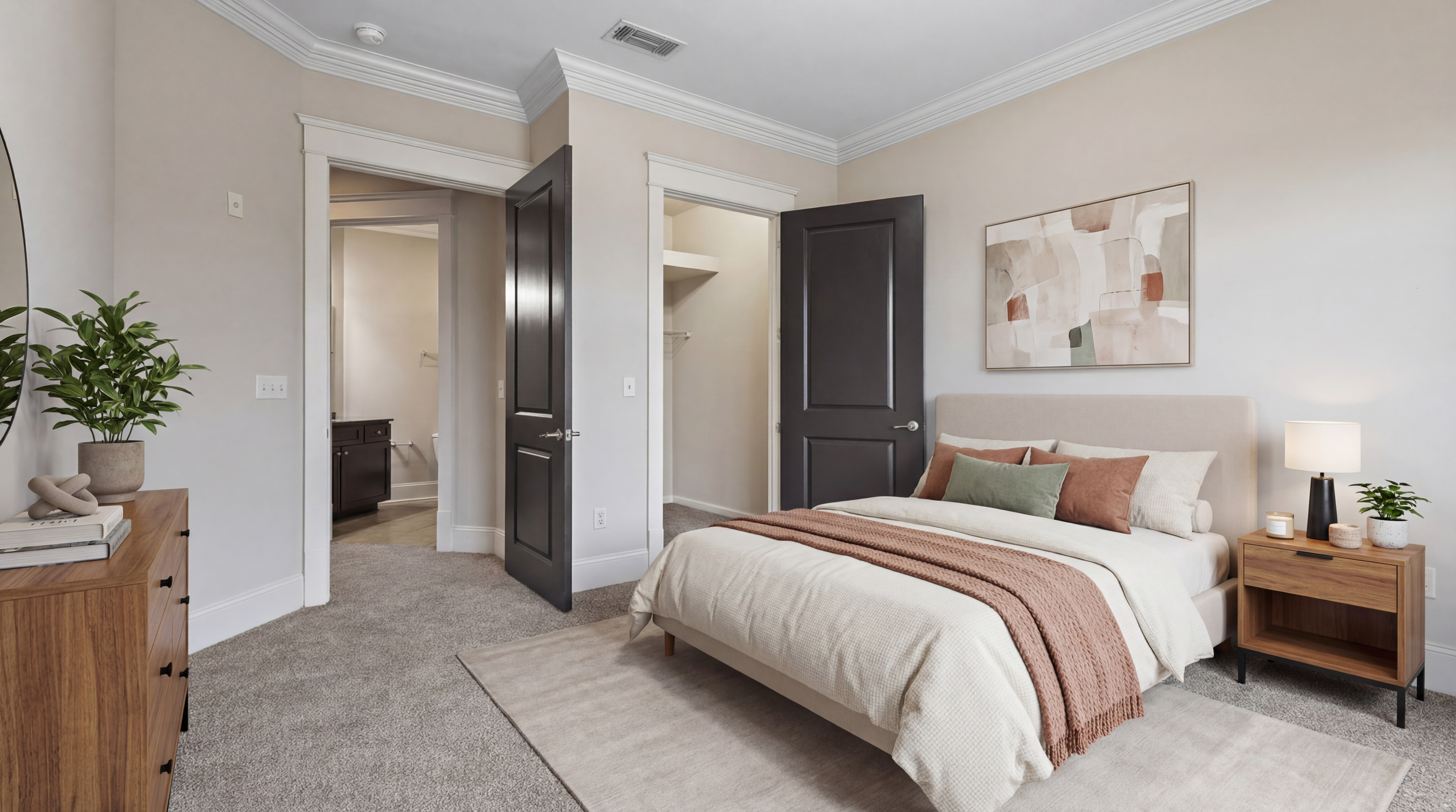 Cozy and elegant bedroom featuring a plush bed with neutral bedding, stylish artwork, and warm wood furniture, perfect for relaxation.
