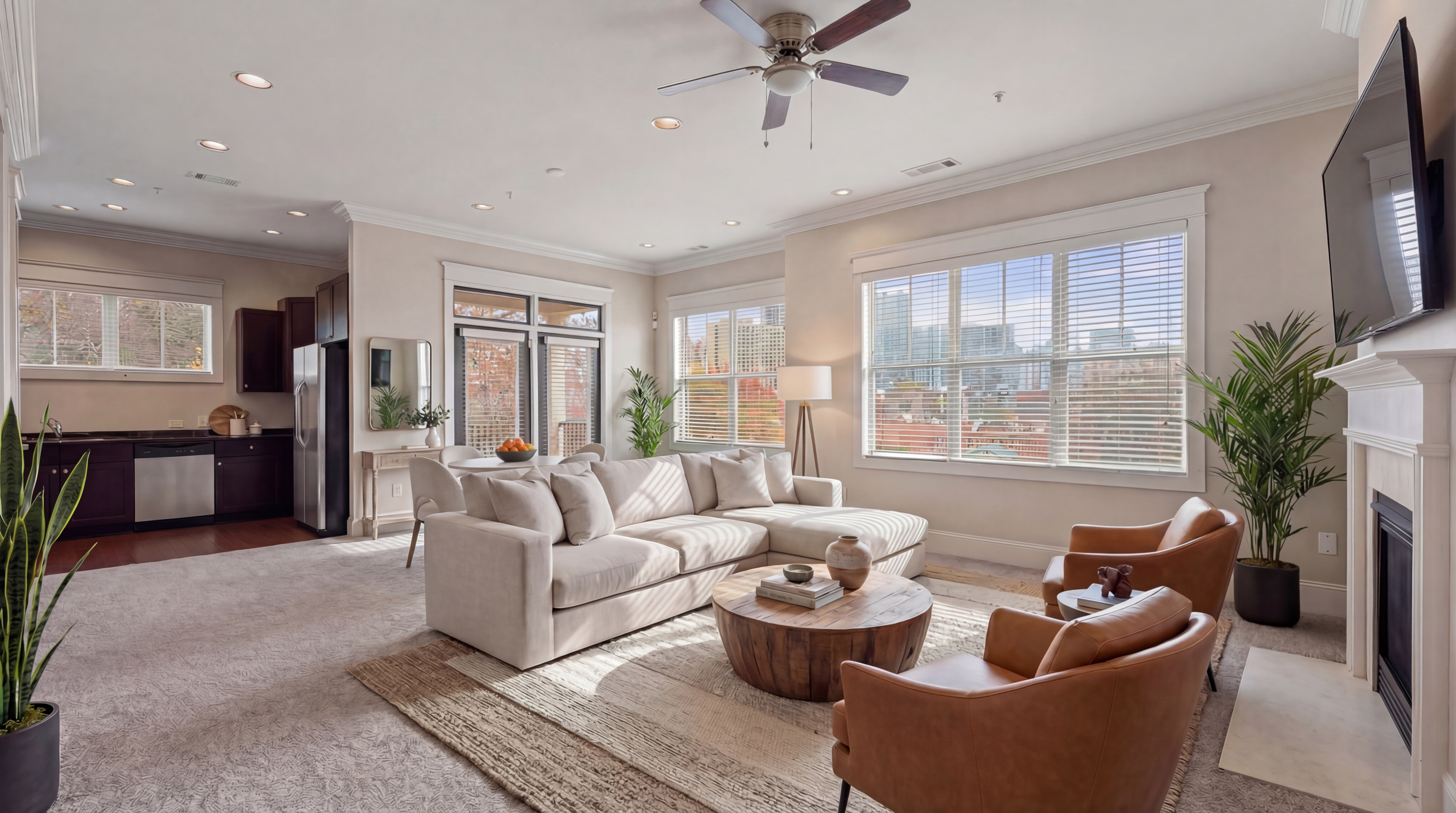Bright and spacious open-concept living room with modern furnishings, large windows, and a cozy ambiance.