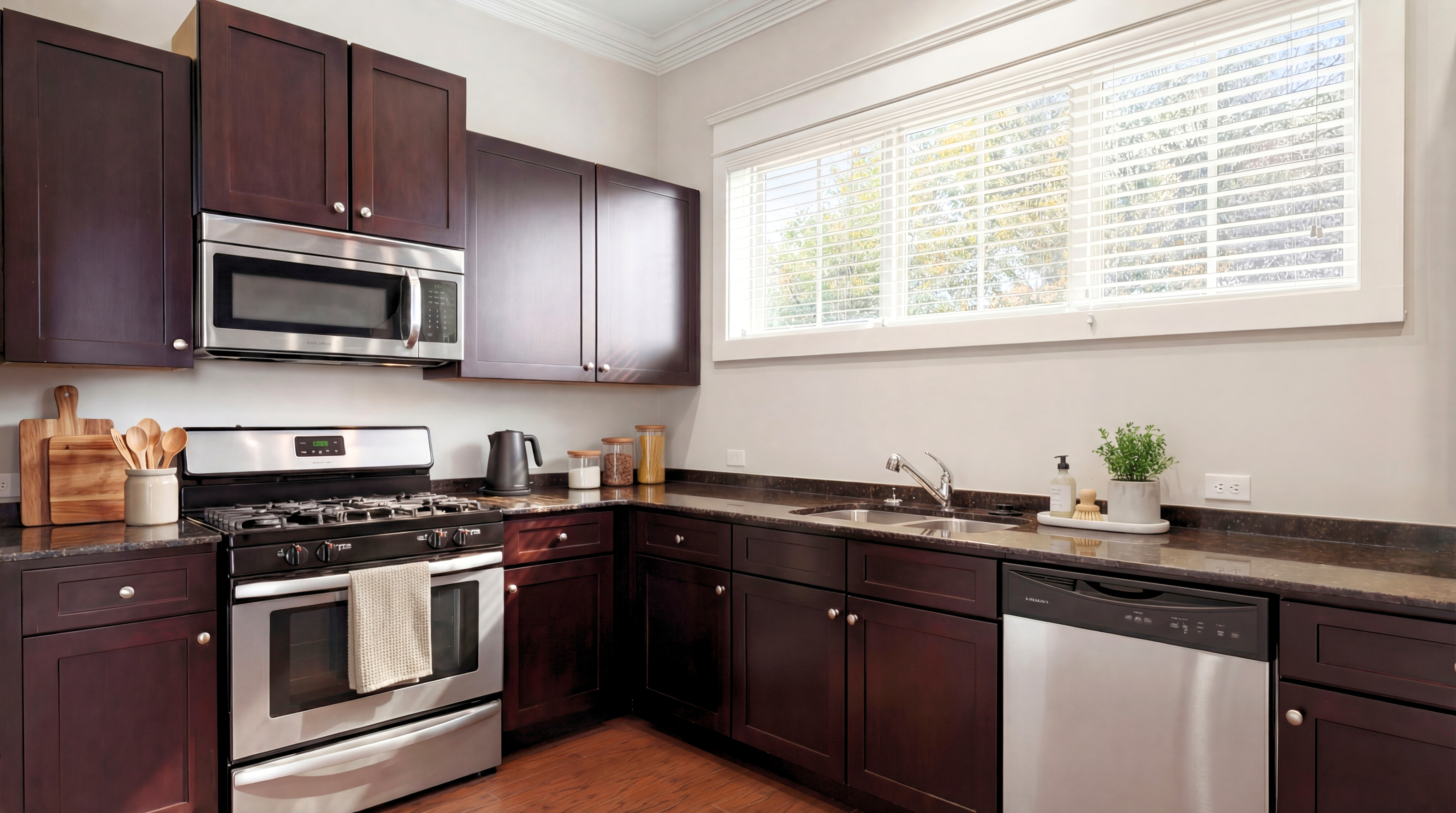 Modern kitchen with rich dark wood cabinets, stainless steel appliances, and a sunlit window view.
