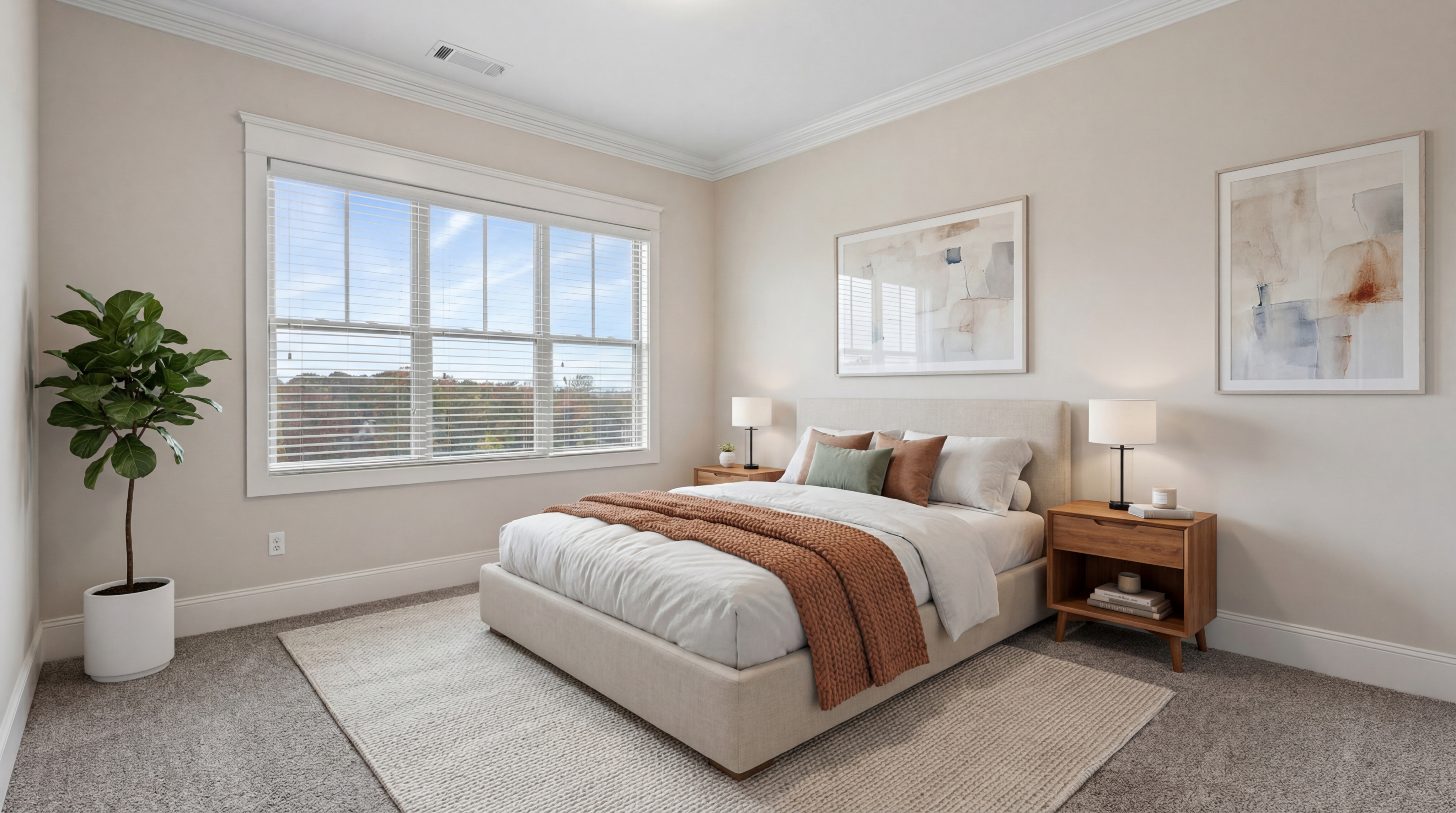 Bright, airy bedroom featuring a plush bed, cozy knit throw, and modern artwork, with abundant natural light from a large window.