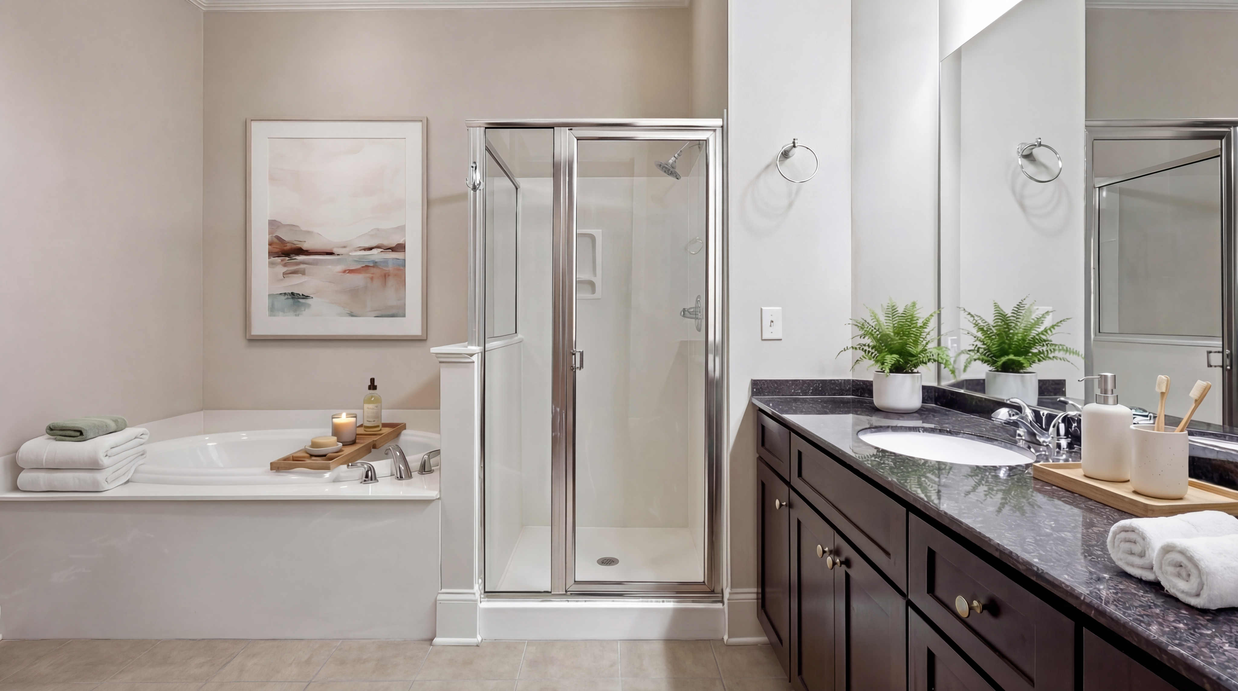 Elegant bathroom with a luxurious soaking tub, glass-enclosed shower, and dual-sink vanity, featuring modern decor and ambient lighting.