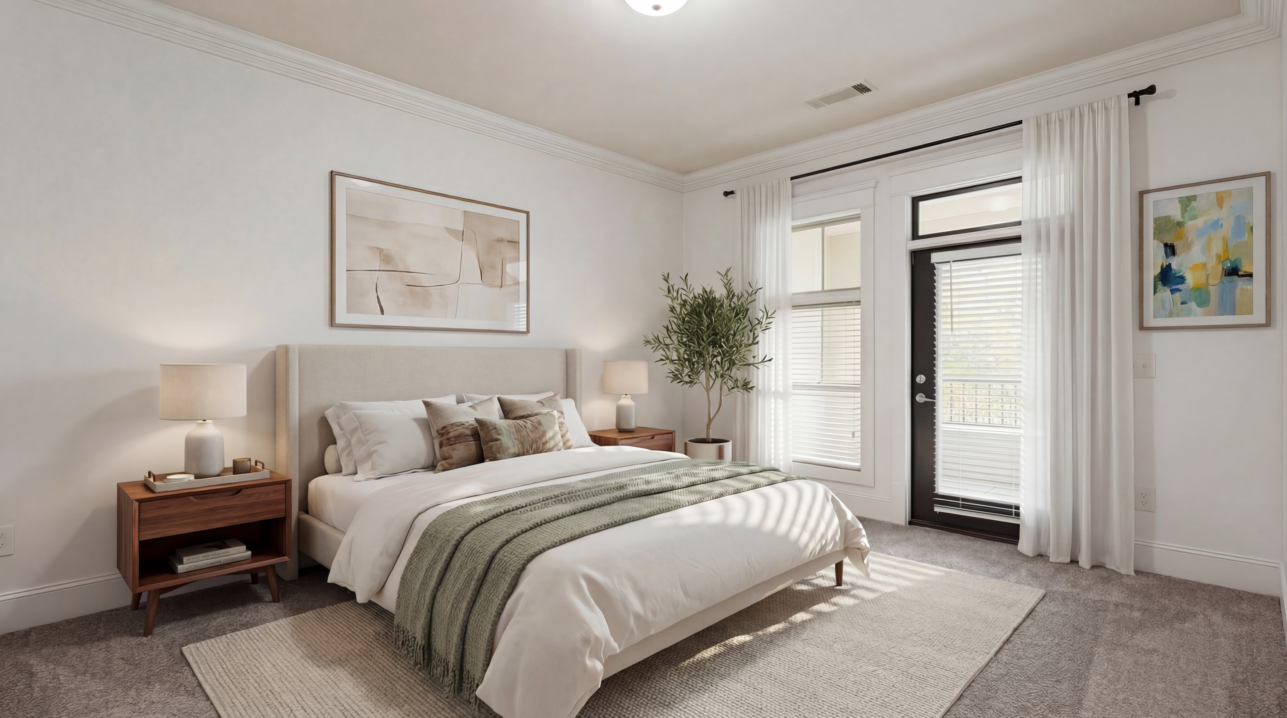 Elegant bedroom with modern decor, large windows, and a cozy atmosphere.