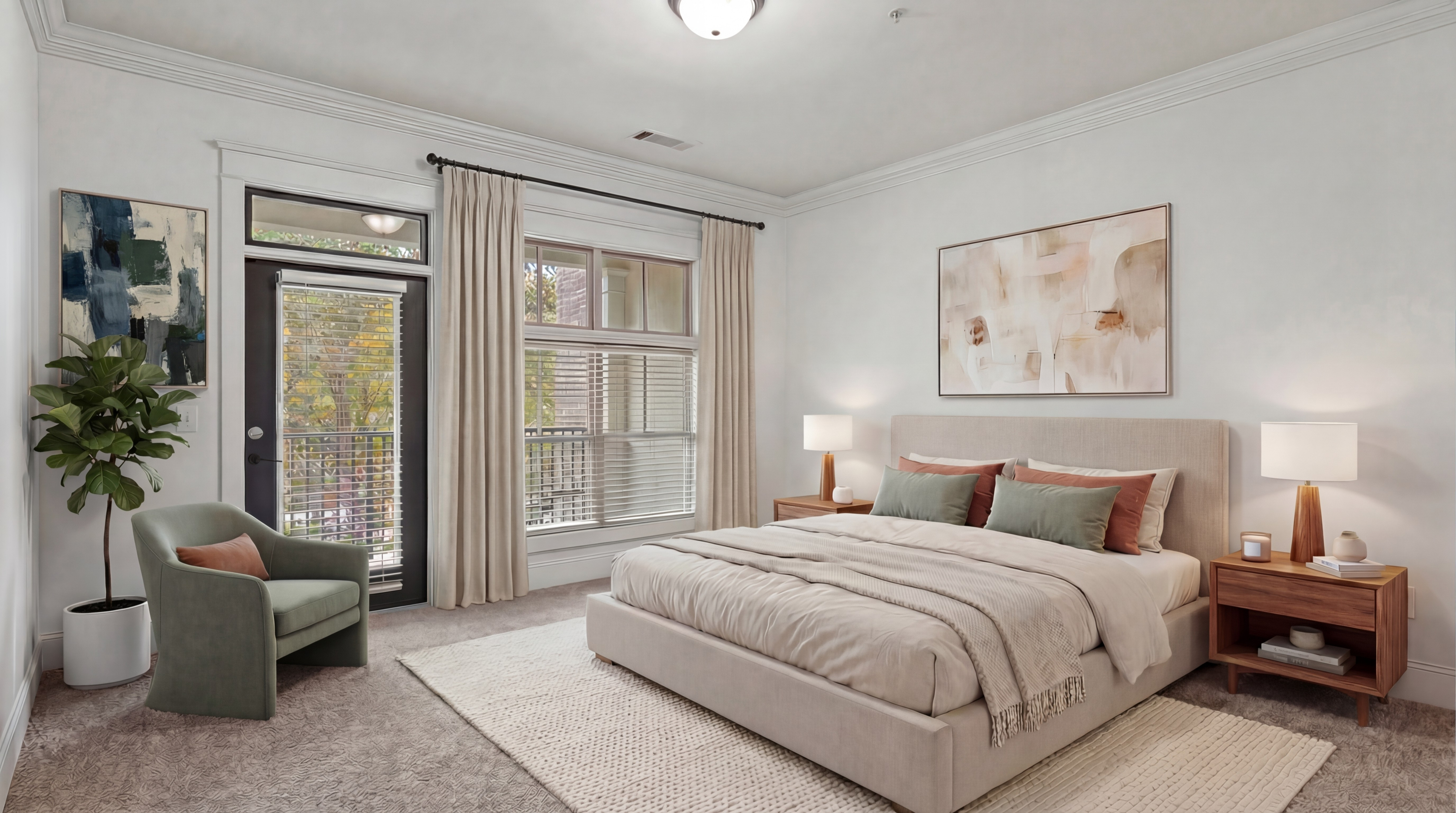 Elegant bedroom with a plush bed, modern furnishings, and serene decor featuring large windows with natural light.