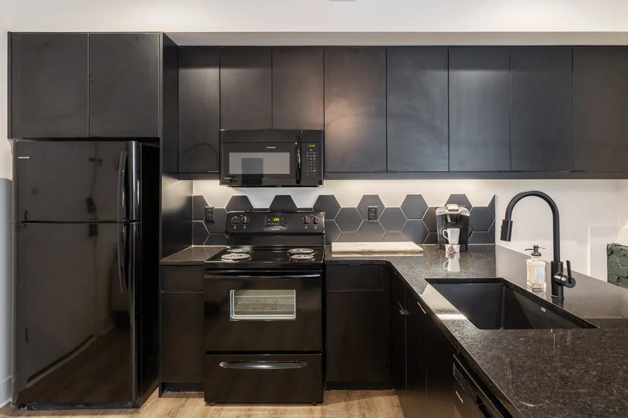 Modern kitchen with sleek black cabinetry, hexagonal backsplash tiles, and stainless steel appliances, creating a stylish and functional cooking space.