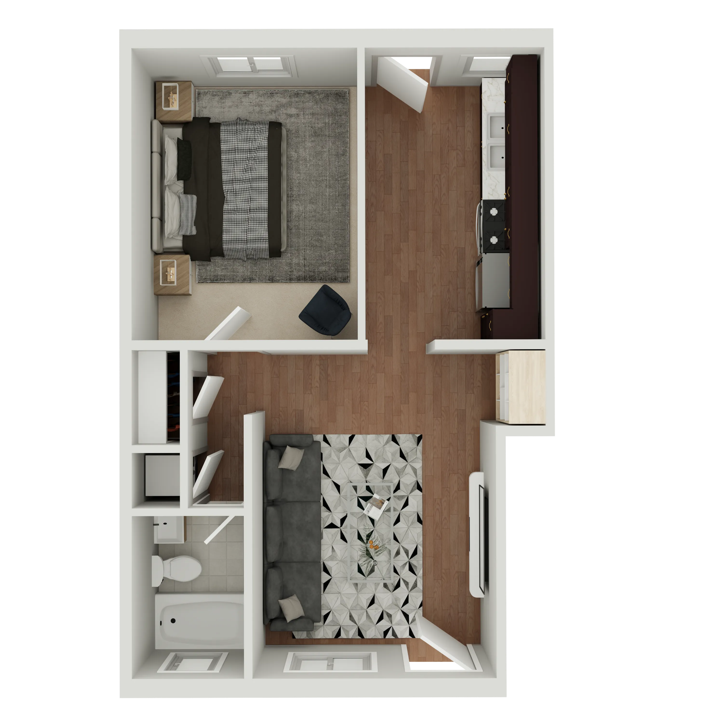 Inviting 3D floor plan with spacious bedroom, modern kitchen, cozy living room, and elegant bathroom layout.