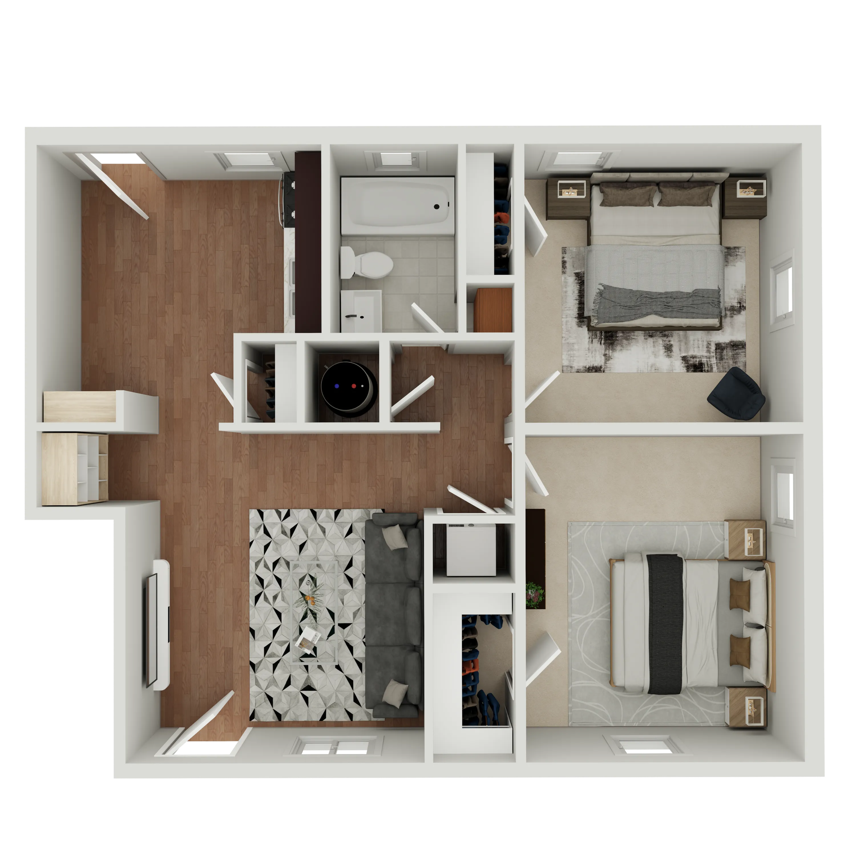 Modern 3D floor plan showcasing 2 spacious bedrooms, stylish living area, and a contemporary kitchen with wood flooring.