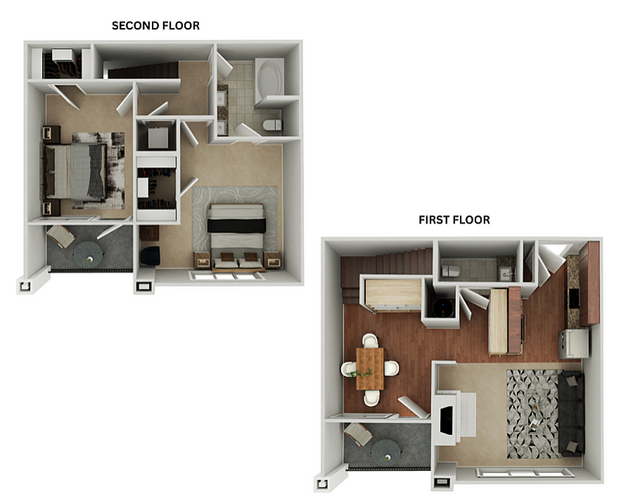 Modern 3D floor plan showcasing a stylish two-story layout with a cozy living room, spacious kitchen, dining area on the first floor, and two elegant bedrooms on the second floor.