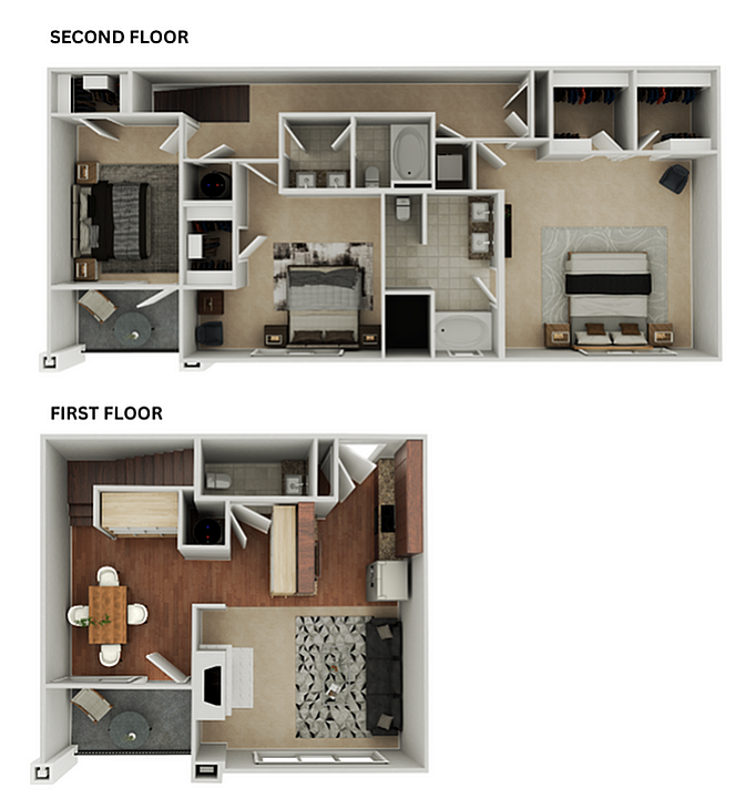 Modern 3D floor plan showcasing a spacious two-story layout with an open-concept living area and kitchen on the first floor, and three cozy bedrooms with ample storage on the second floor.