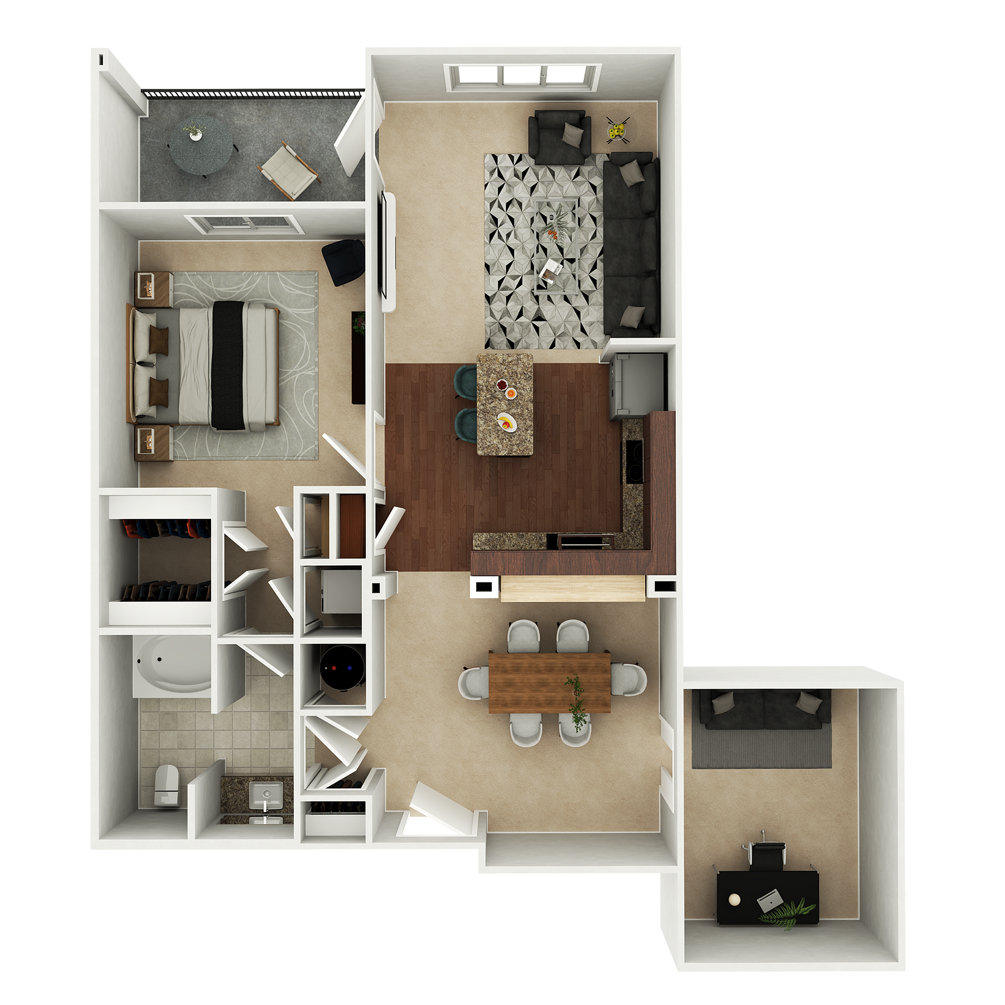 Elegant and spacious 2D floor plan showcasing a modern 1-bedroom apartment with a cozy living area, open kitchen with island, stylish dining space, home office, and chic bathroom.