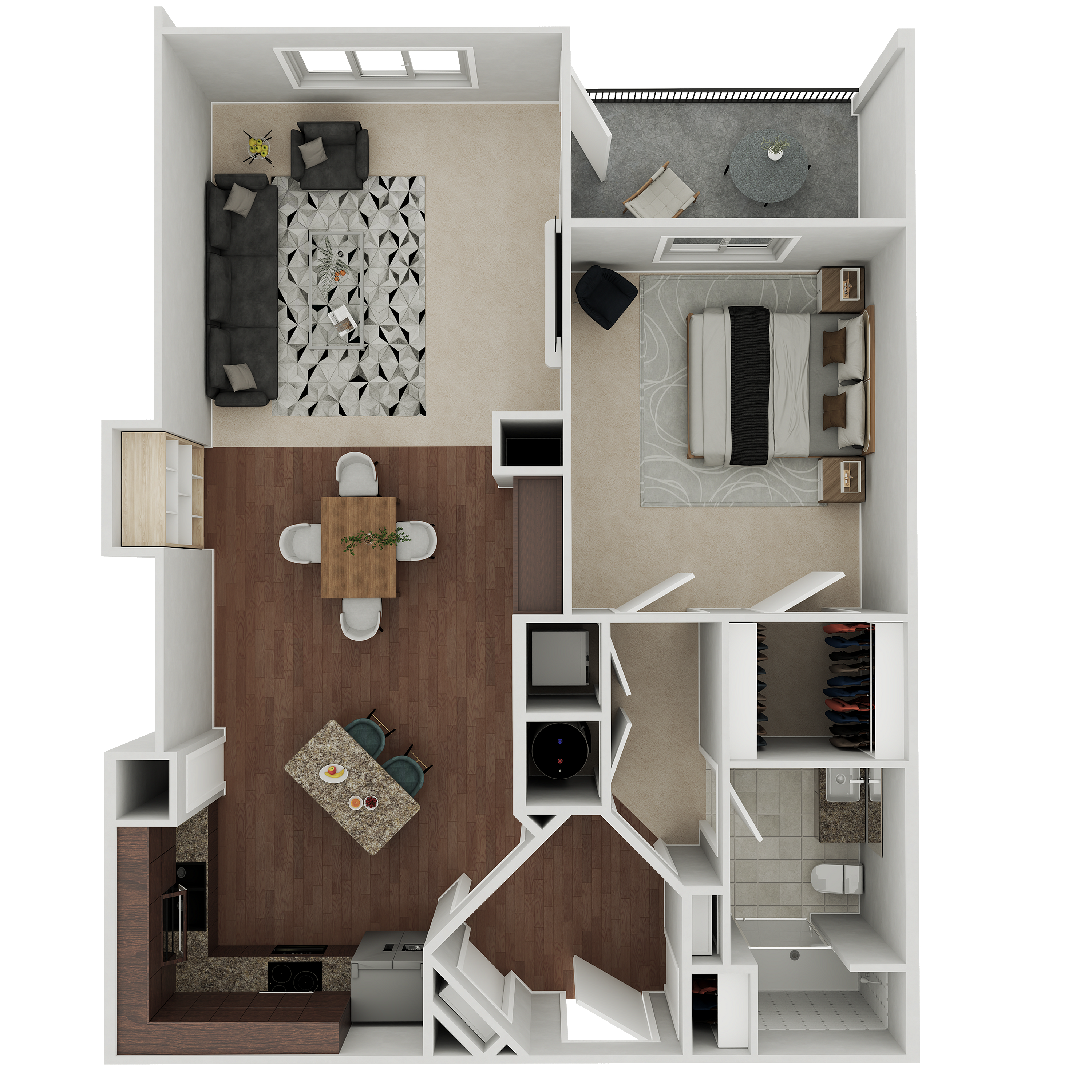 Modern 3D floor plan showcasing a spacious 1-bedroom apartment with open-concept living and dining areas, elegant kitchen, and private balcony.