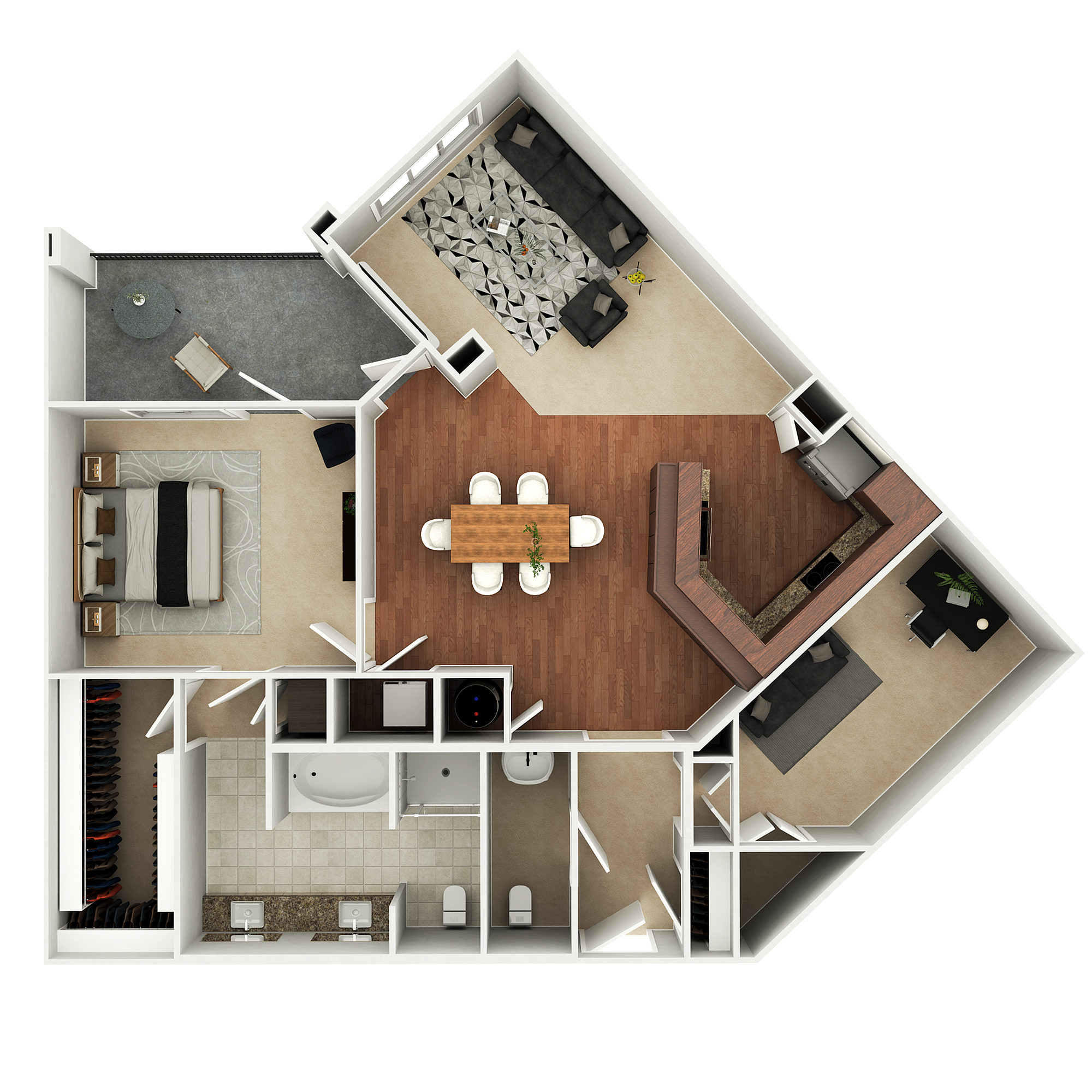 Contemporary 3D floor plan featuring a sleek 1-bedroom layout, stylish open-concept living and dining area, modern kitchen, and expansive balcony, ideal for sophisticated urban living.