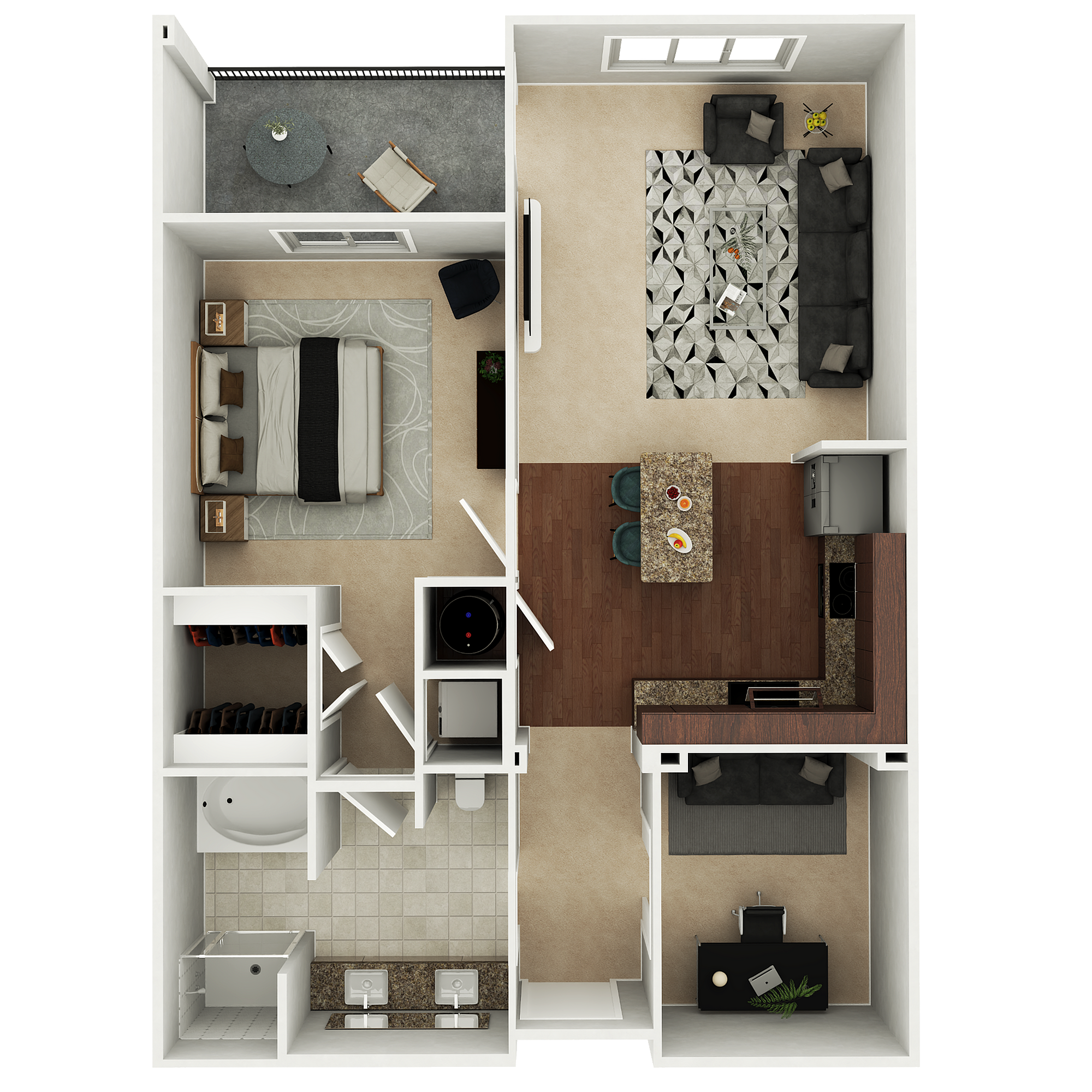Elegant 3D floor plan showcasing a modern 1-bedroom apartment with open-concept living area, stylish kitchen, cozy bedroom, and inviting balcony.