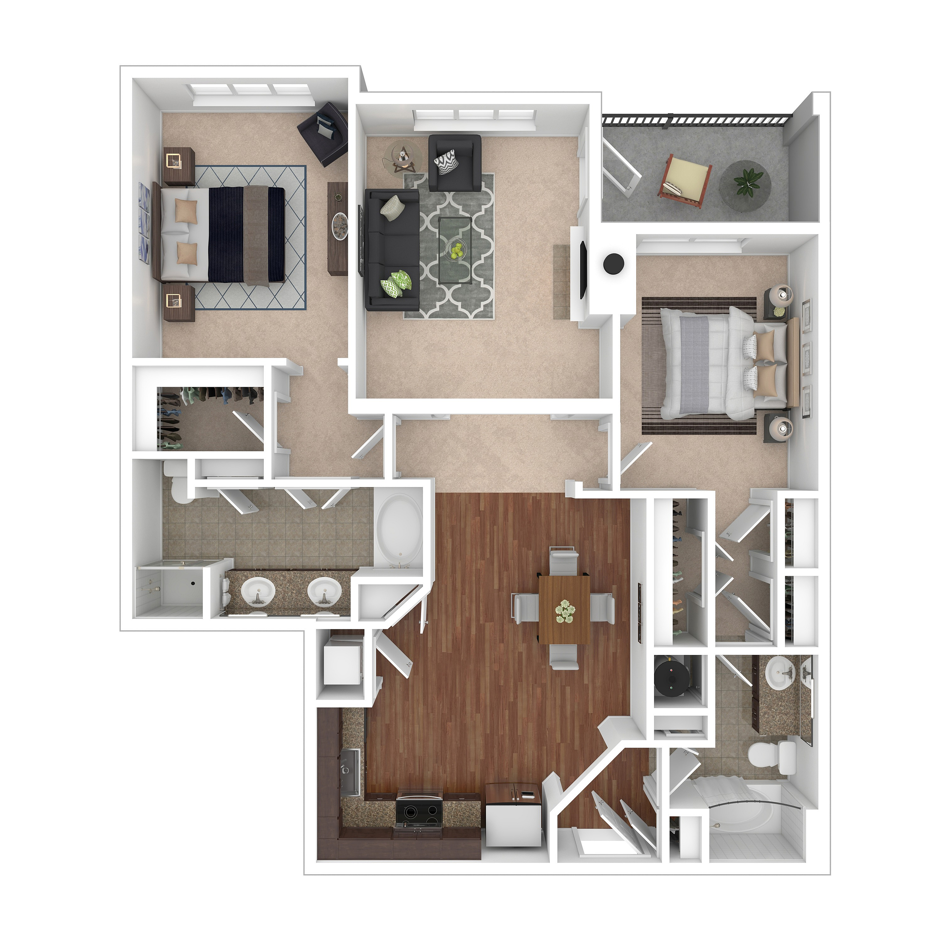 Modern 3D floor plan featuring 1 bedroom, spacious living room, sleek kitchen, and private balcony.