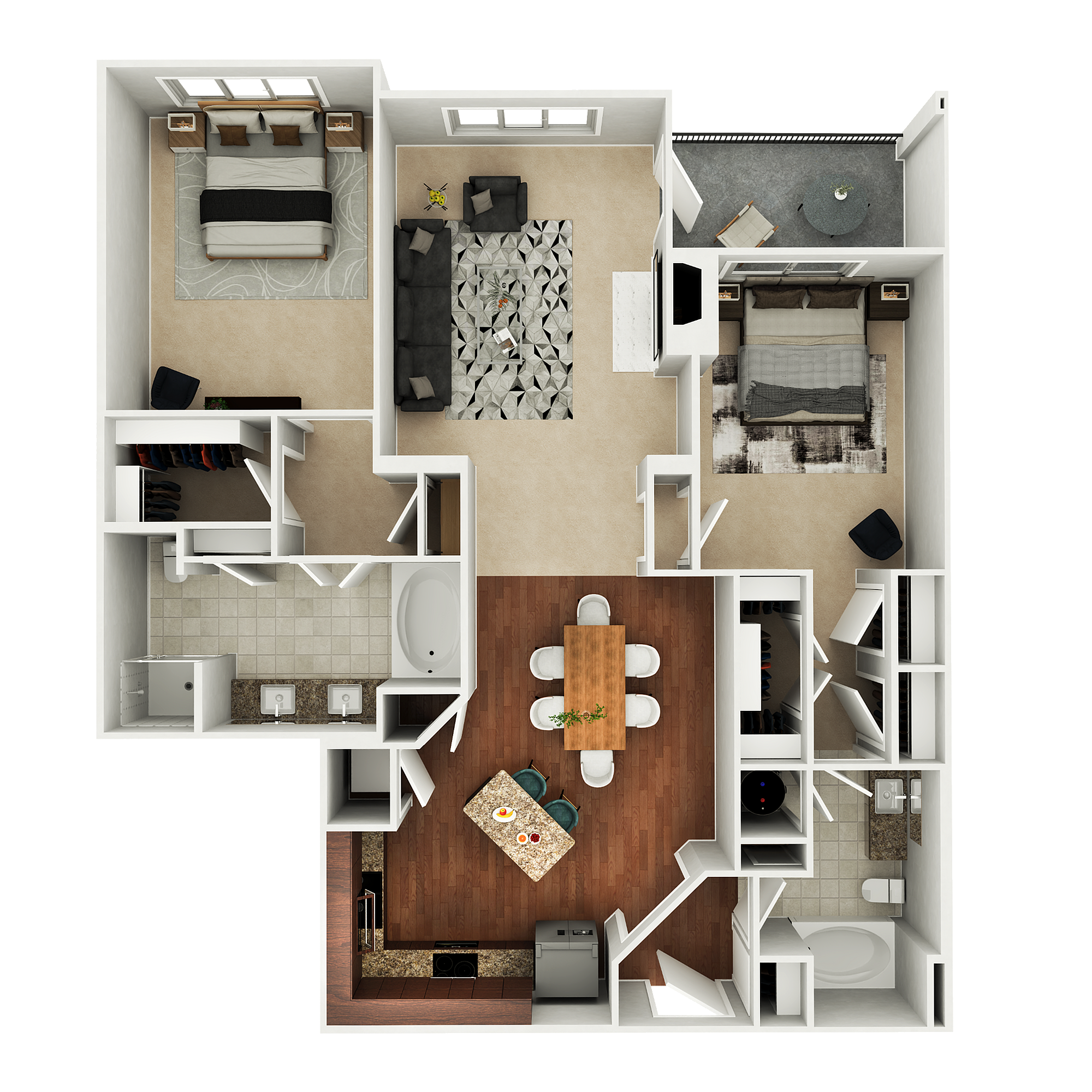 Elegant 3D floor plan showcasing a spacious 2-bedroom apartment with a modern kitchen, open living area, and two stylish bathrooms.