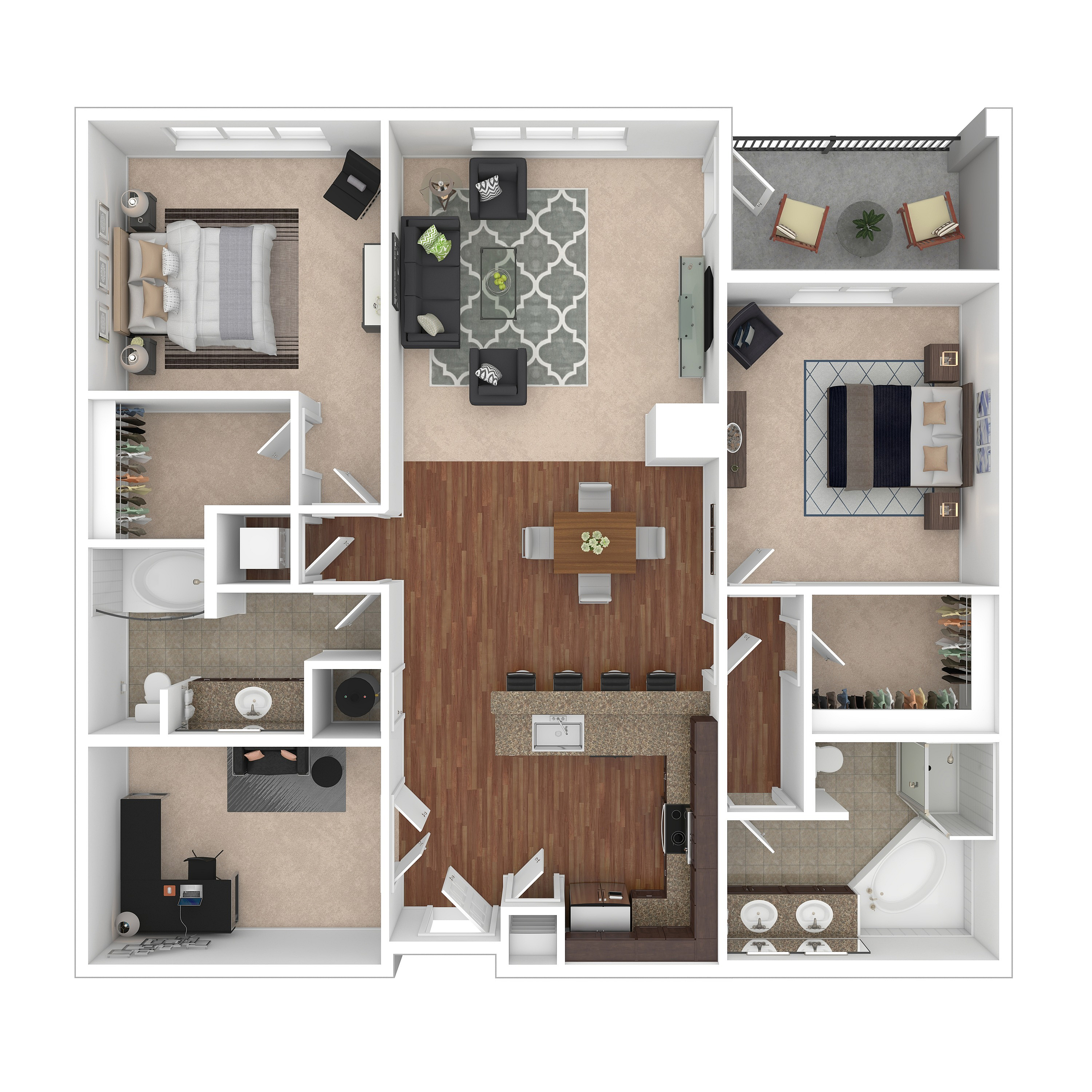 Elegant 3D floor plan showcasing two spacious bedrooms, a modern open-concept living and dining area, stylish kitchen, two full bathrooms, and a cozy balcony.