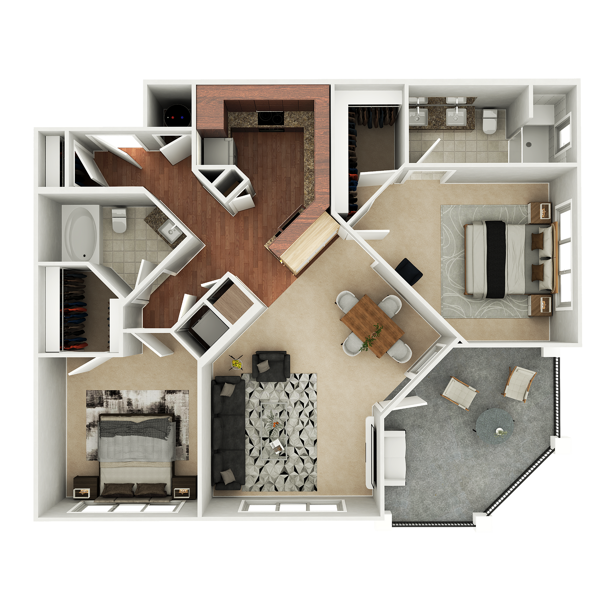 Elegant 2D floor plan showcasing a modern apartment with two bedrooms, spacious living area, and a sleek kitchen layout.