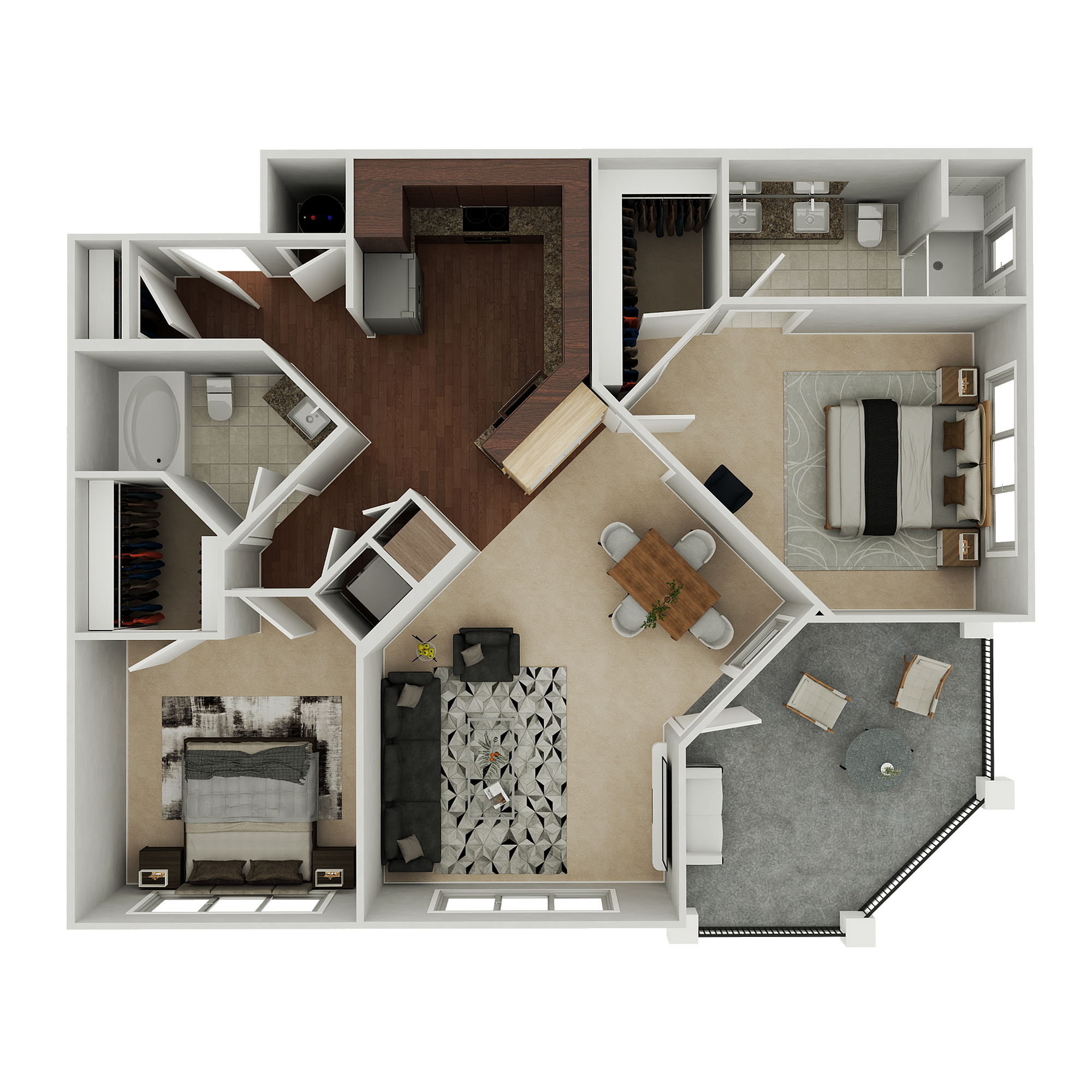 Elegant 3D floor plan featuring two spacious bedrooms, two modern bathrooms, a contemporary open-concept kitchen, cozy living room, and inviting dining area.