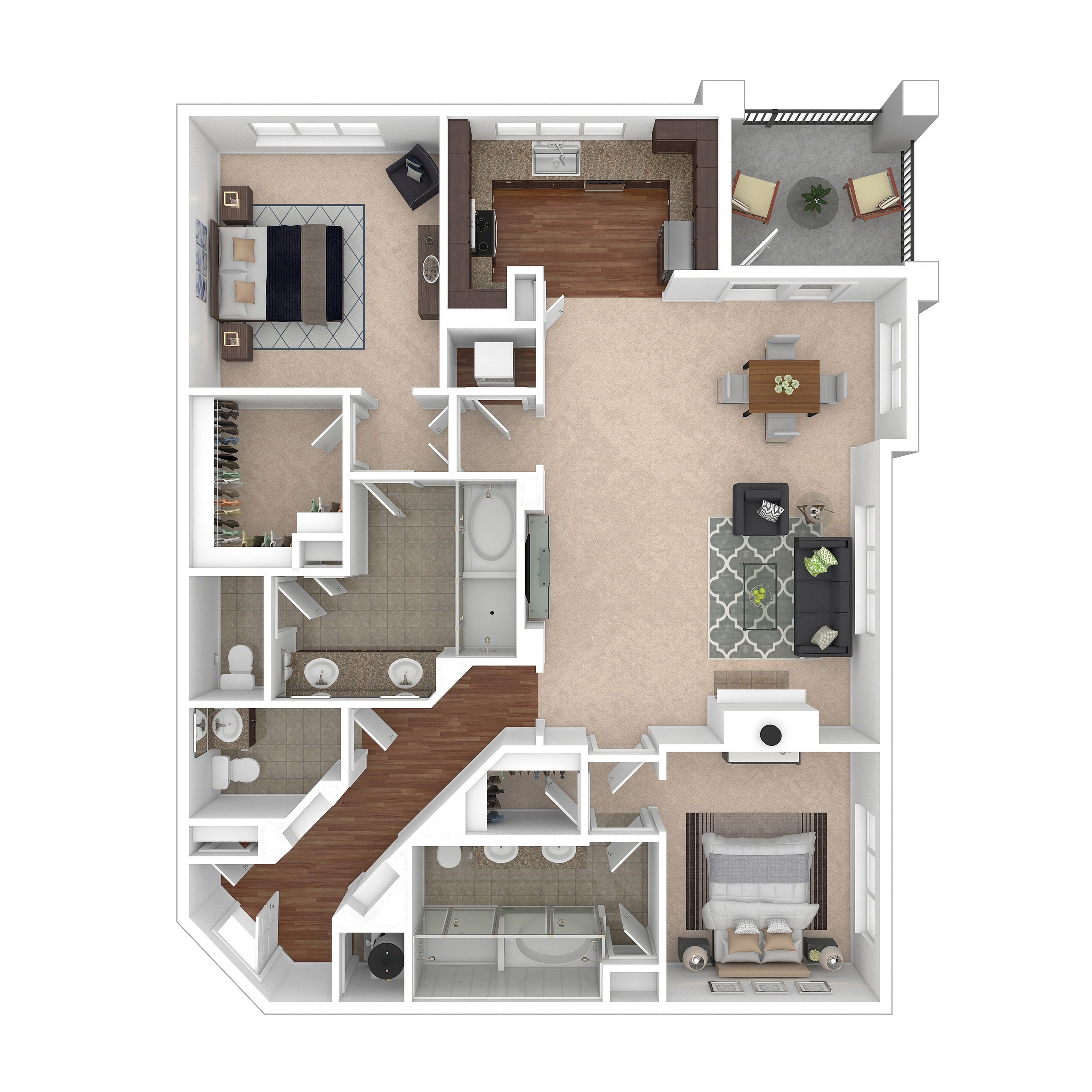 Modern floor plan showcasing two spacious bedrooms, a cozy living room, open kitchen, and a private balcony, ideal for stylish living.