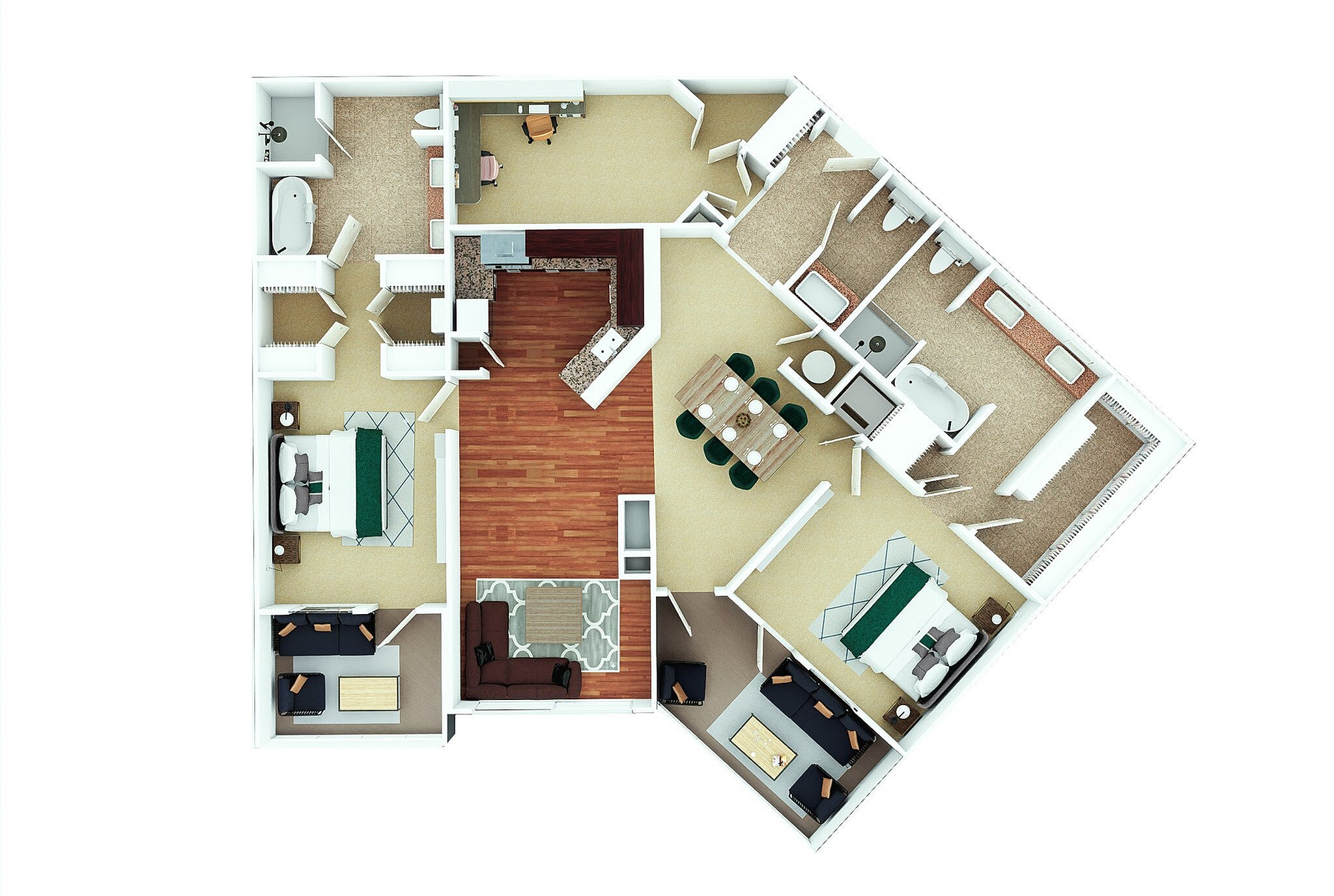 Chic 3D floor plan showcasing two spacious bedrooms, open-concept living and dining areas, and a modern kitchen with ample countertop space.