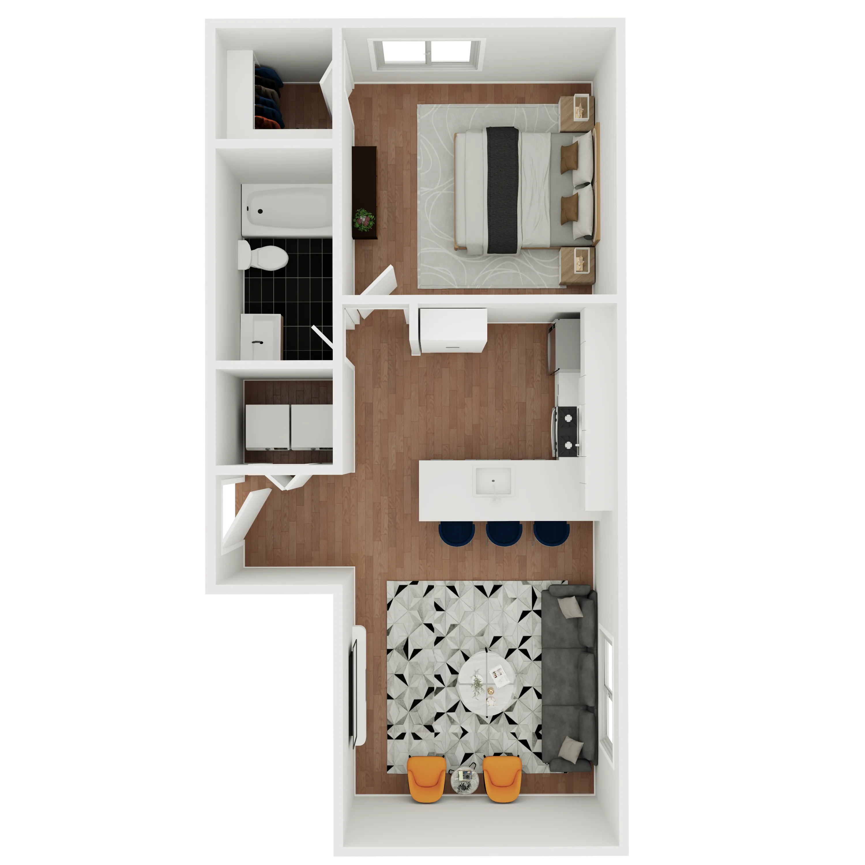Modern 1-bedroom apartment floor plan showcasing an open-concept living area, stylish kitchen with island seating, and a sleek bathroom.
