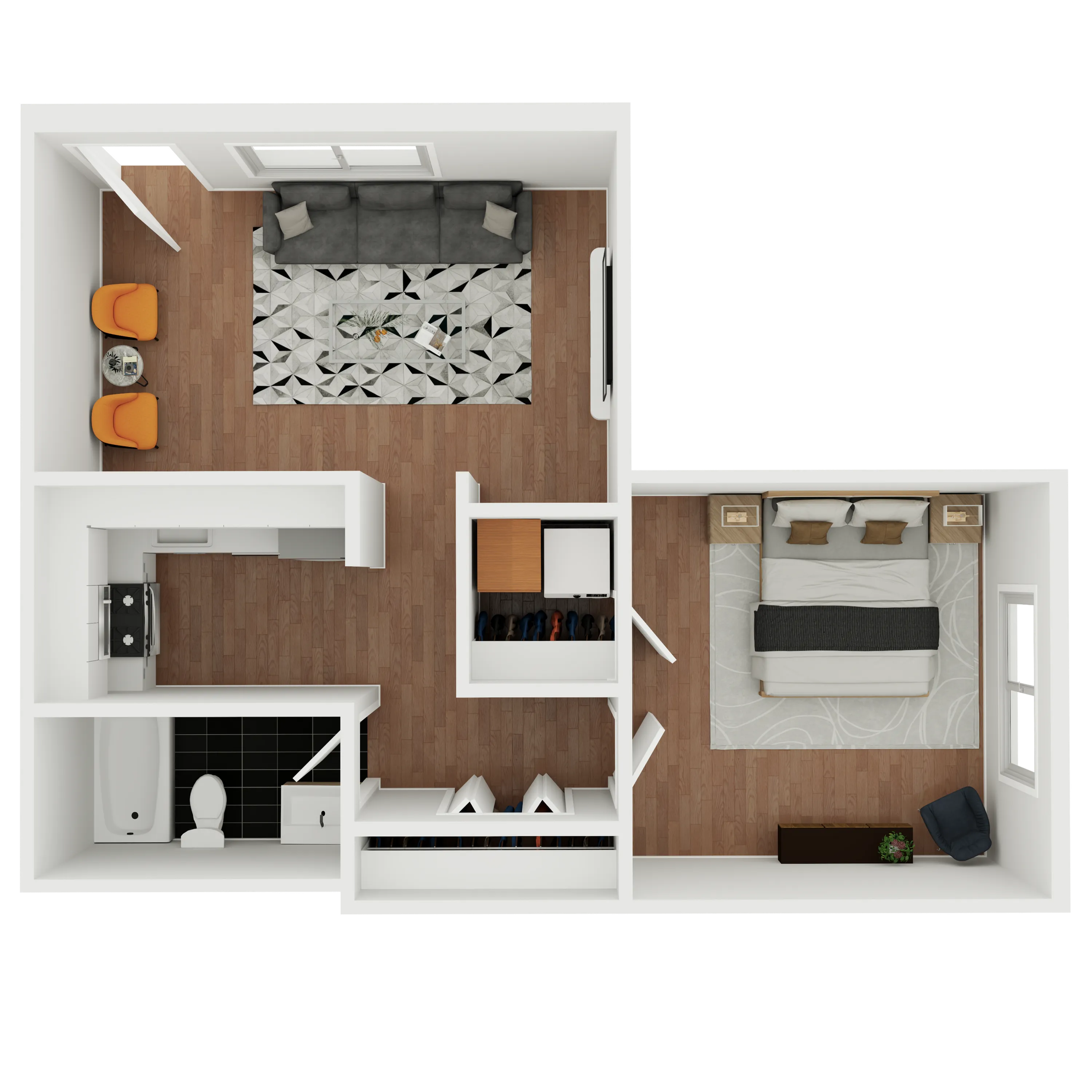 Modern floor plan showcasing a spacious one-bedroom apartment with a cozy living room, sleek kitchen, and a stylish bathroom.