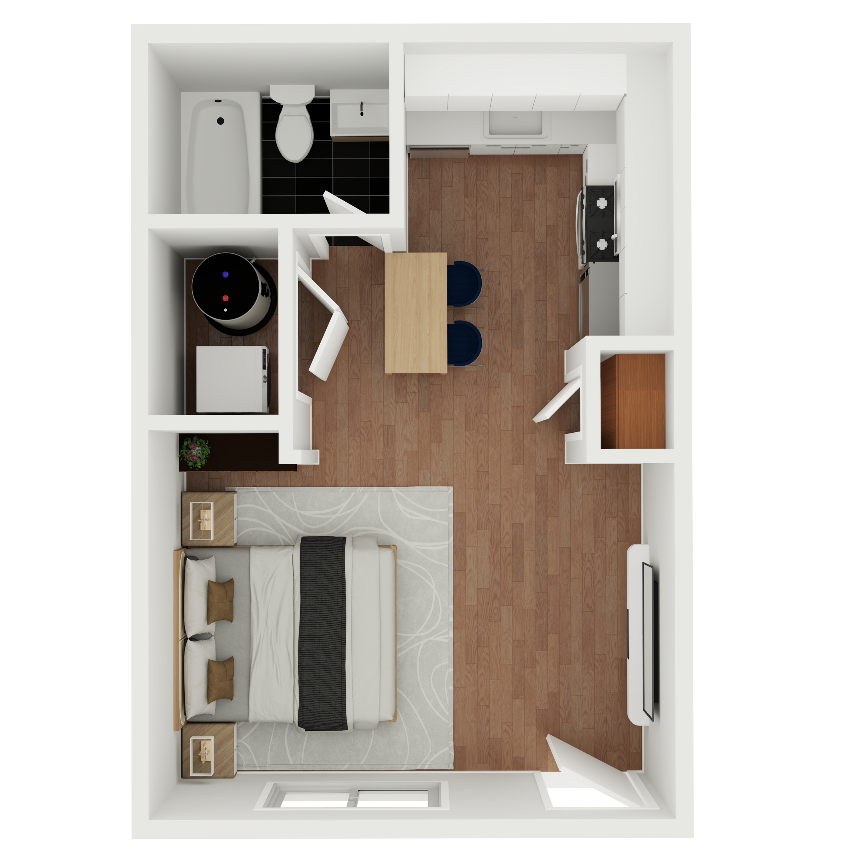 Modern 1-bedroom apartment floor plan featuring an integrated kitchen and dining area, stylish bathroom, and cozy bedroom setting.