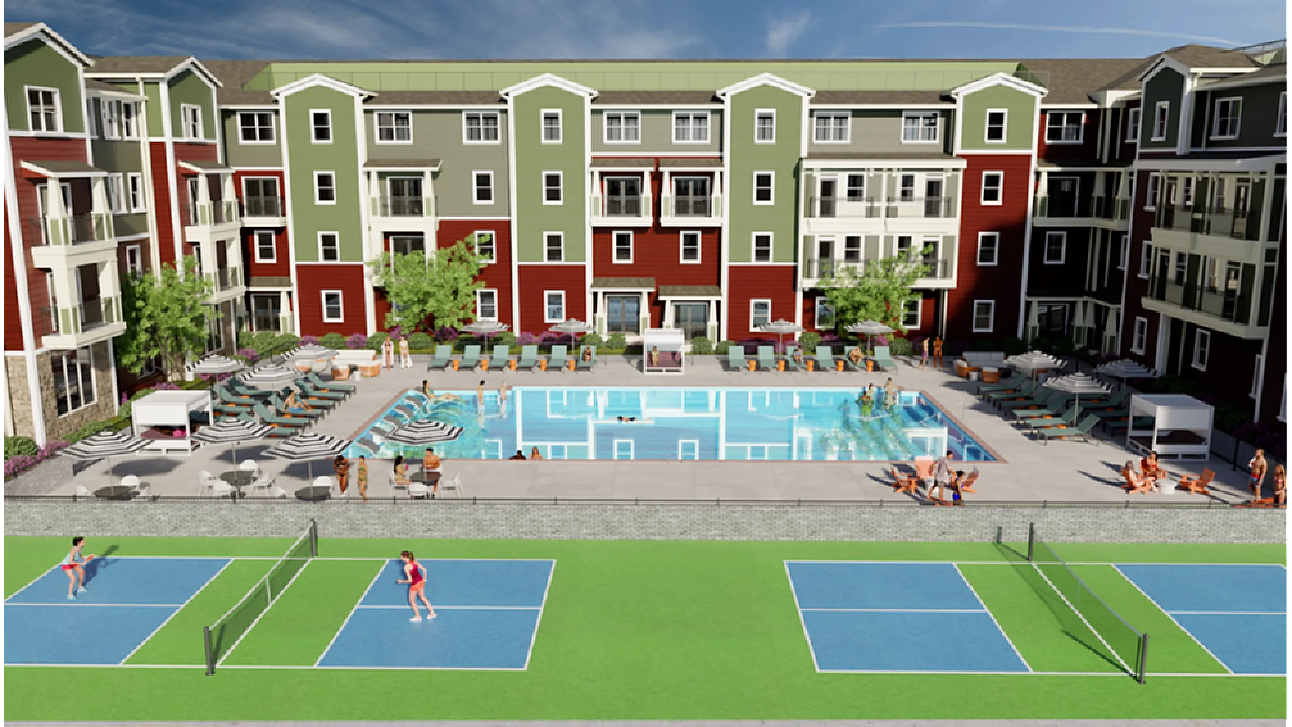 Vibrant apartment complex featuring a large swimming pool, sun loungers, and dual tennis courts, surrounded by modern multi-story buildings.