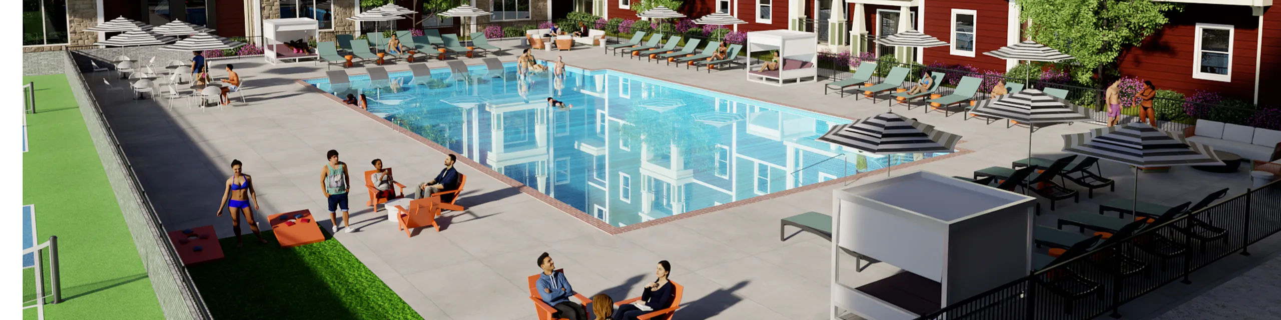 Vibrant apartment complex pool area featuring sleek lounge chairs, stylish cabanas, and residents enjoying a sunny day by the water.