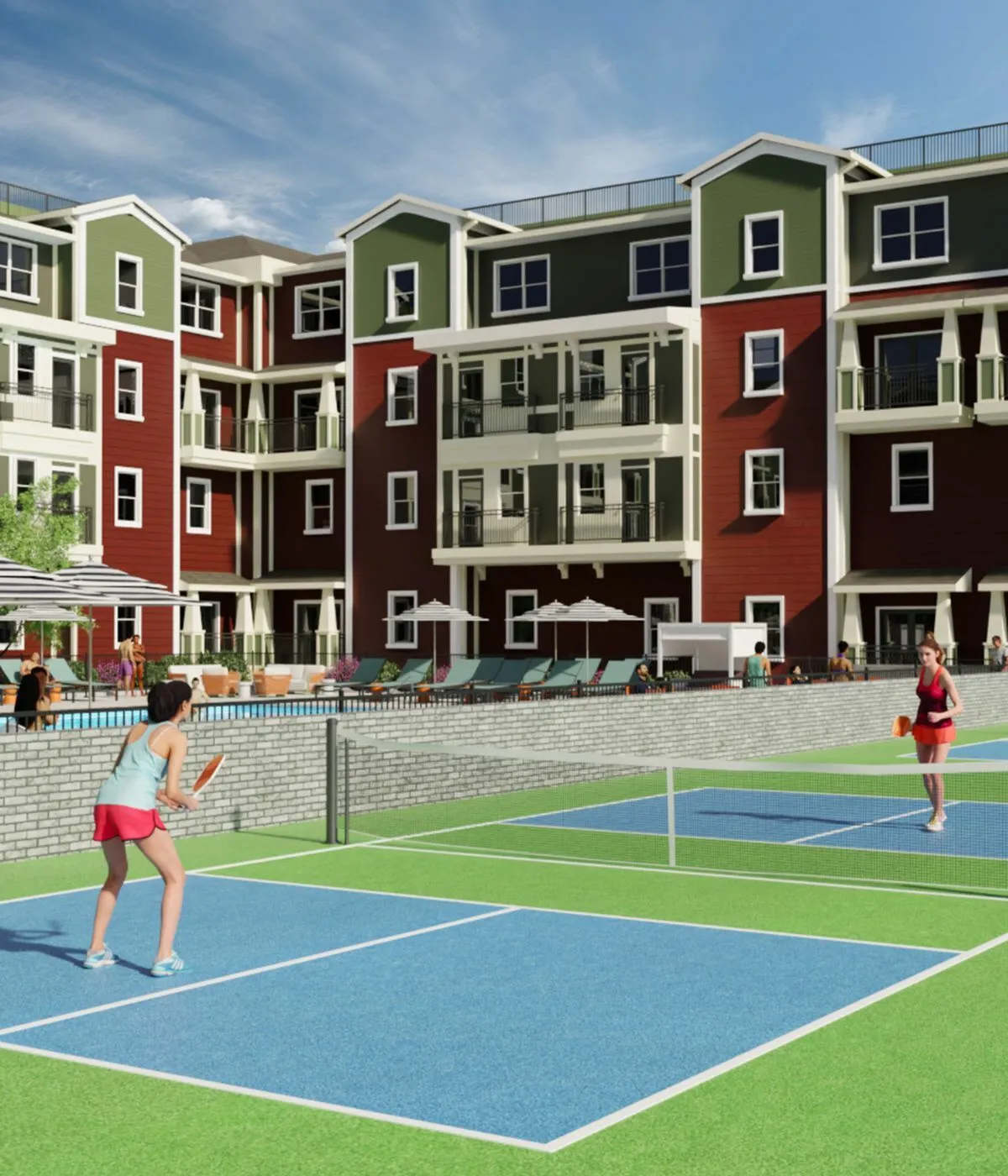 Vibrant residential complex with modern architecture featuring a dynamic outdoor area with tennis courts, swimming pool, and relaxing sun loungers. Residents engaging in recreational activities enhance the spirited community lifestyle.